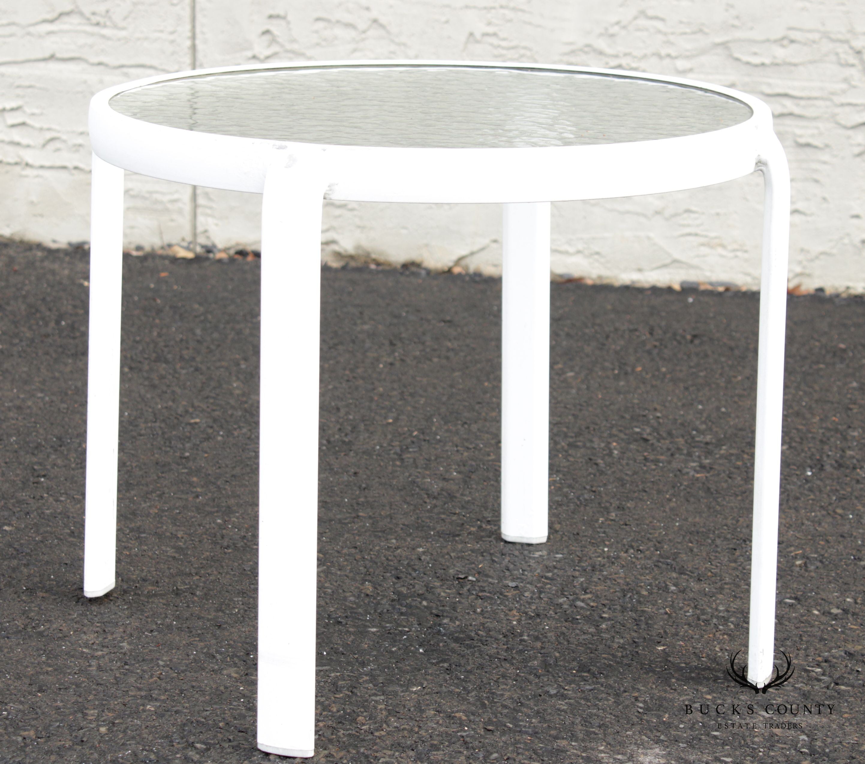 Vintage Aluminum and Glass Round Outdoor Patio End Table (A)