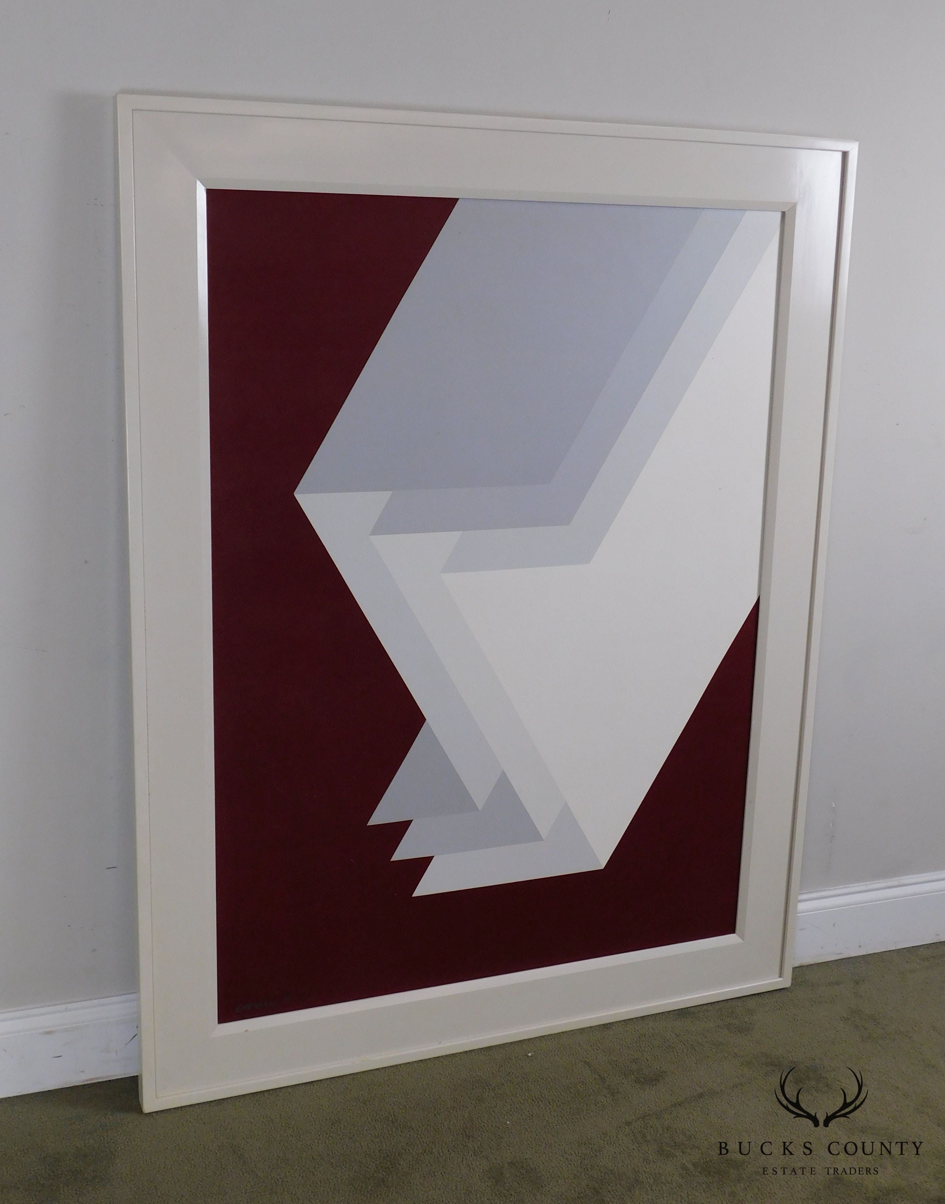 Giordano Op Art Geometric Painting White Z Form Planes on Dark Red Background