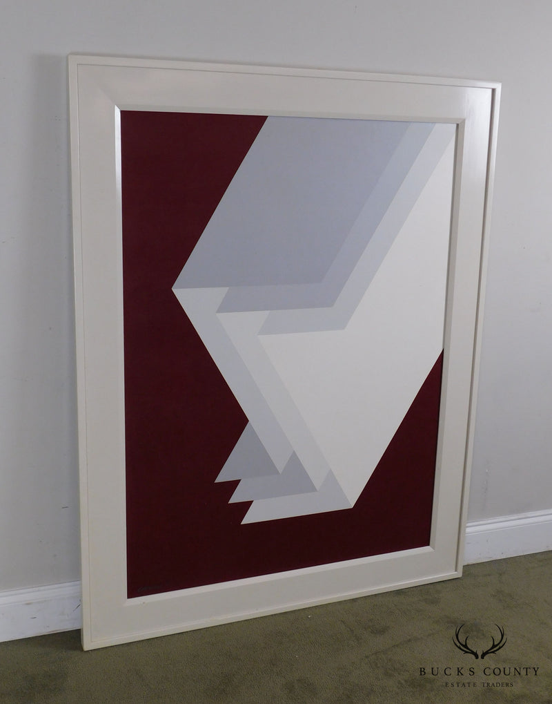 Giordano Op Art Geometric Painting White Z Form Planes on Dark Red Background