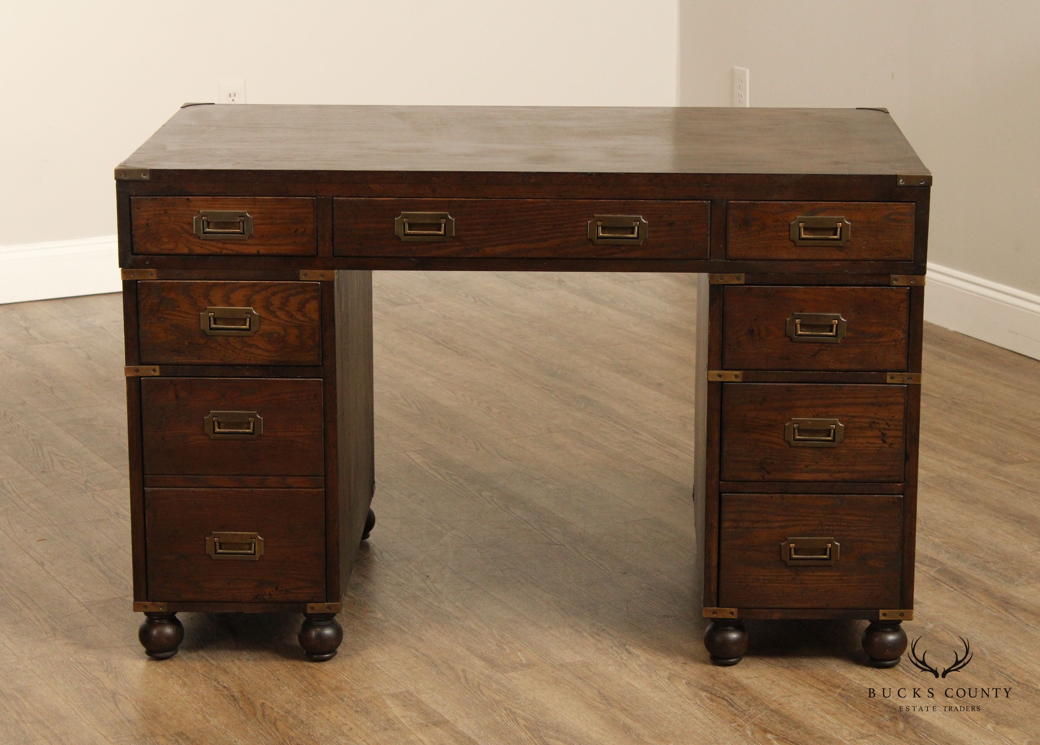 Campaign Style Vintage Oak Pedestal Writing Desk