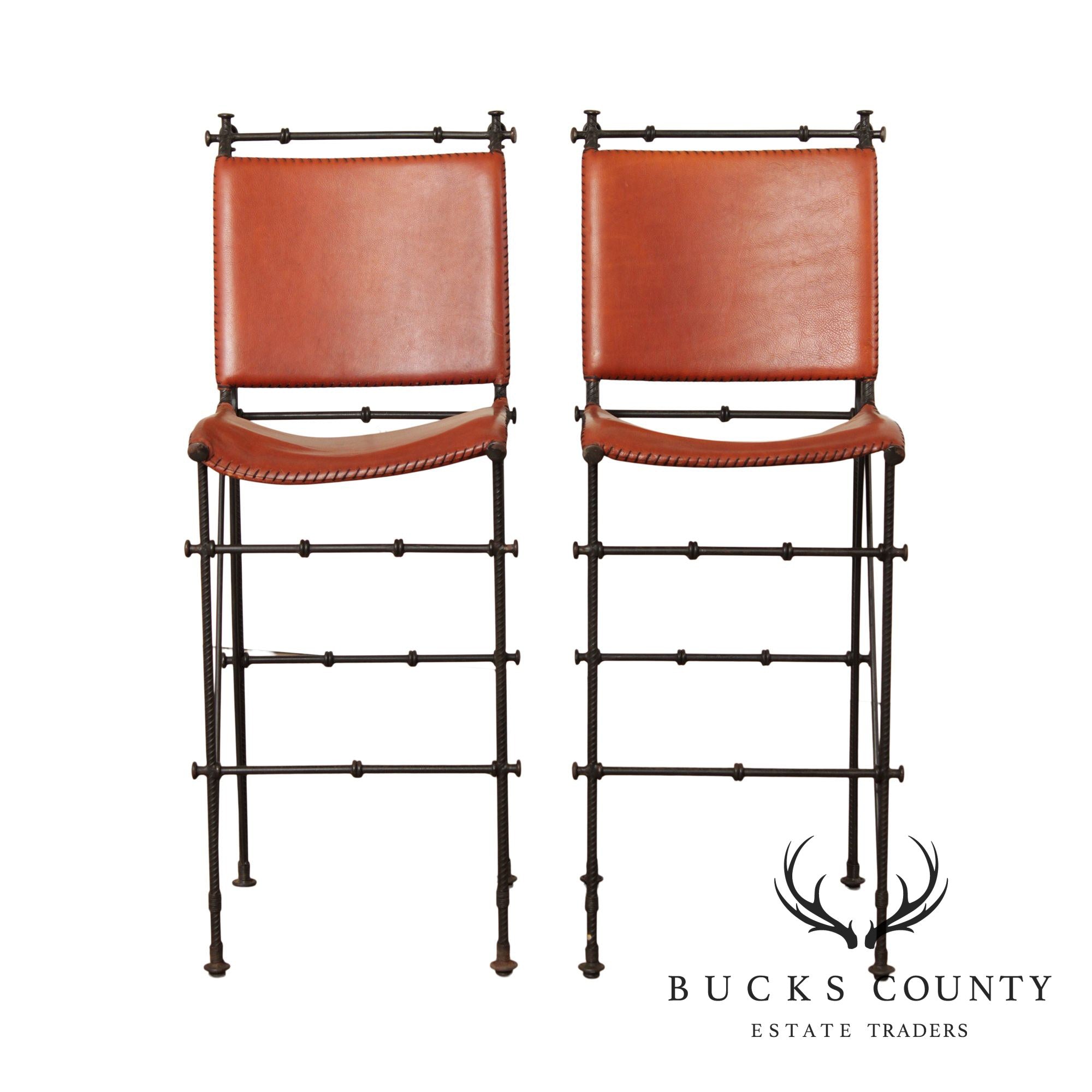 Quality Pair Forged Iron & Rebar Leather Bar Stools