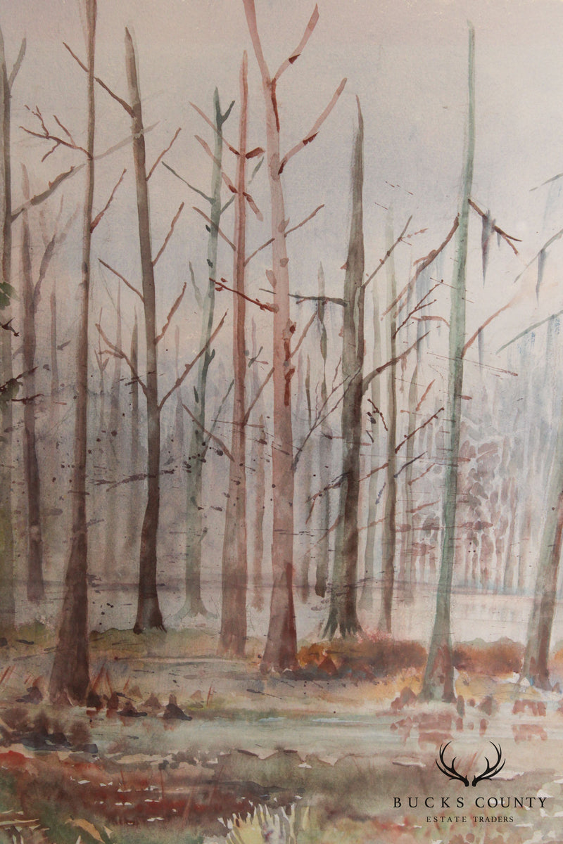 Vintage American Winter Swamp Watercolor Painting
