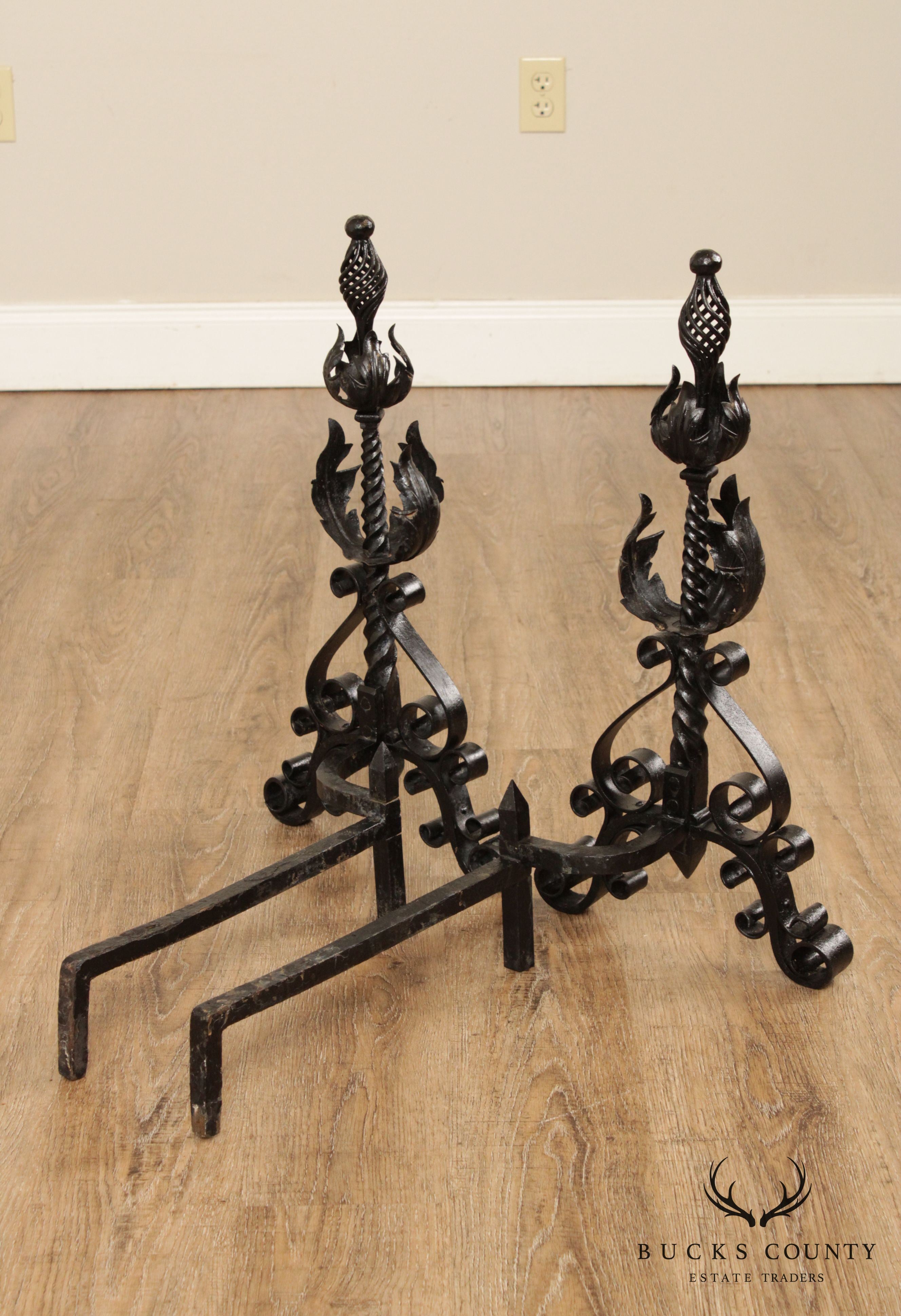 Quality Vintage Pair Wrought Iron Andirons