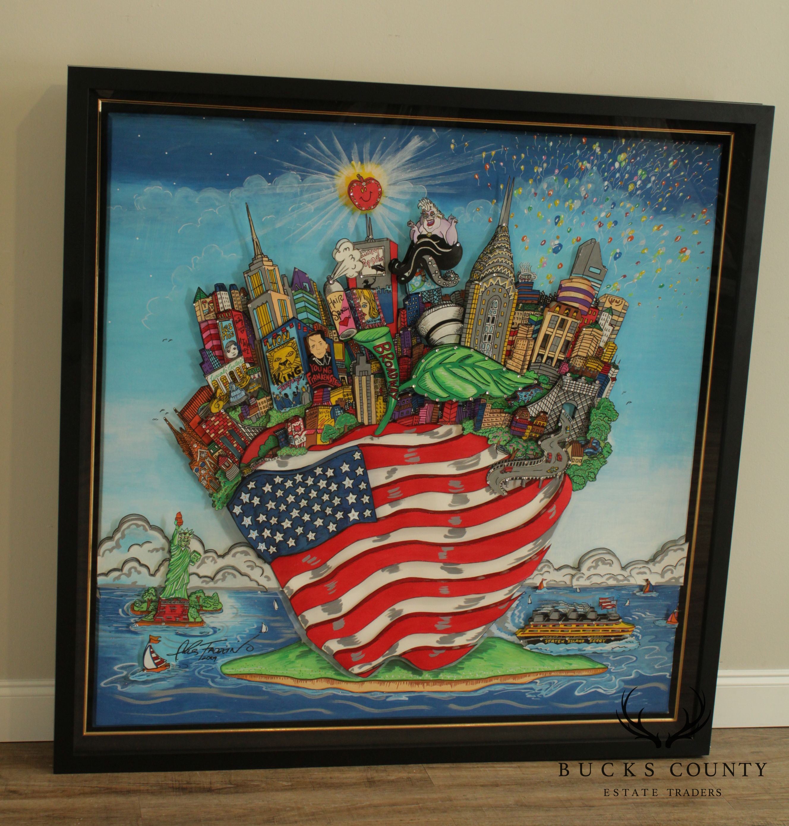 Charles Fazzino "Apple Stars/Stripes" Original Multimedia Signed Framed