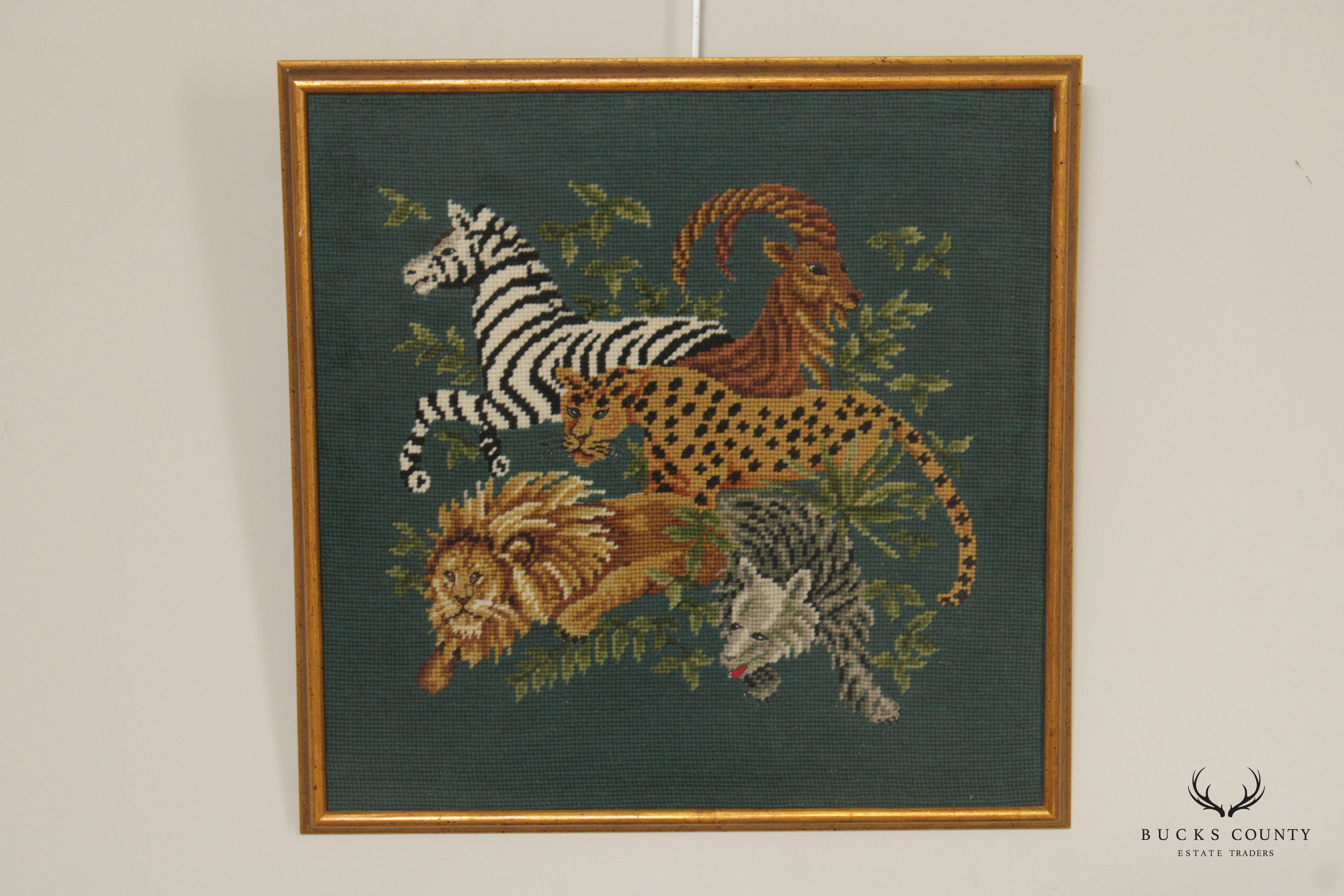 Vintage Framed Safari Style Needlepoint