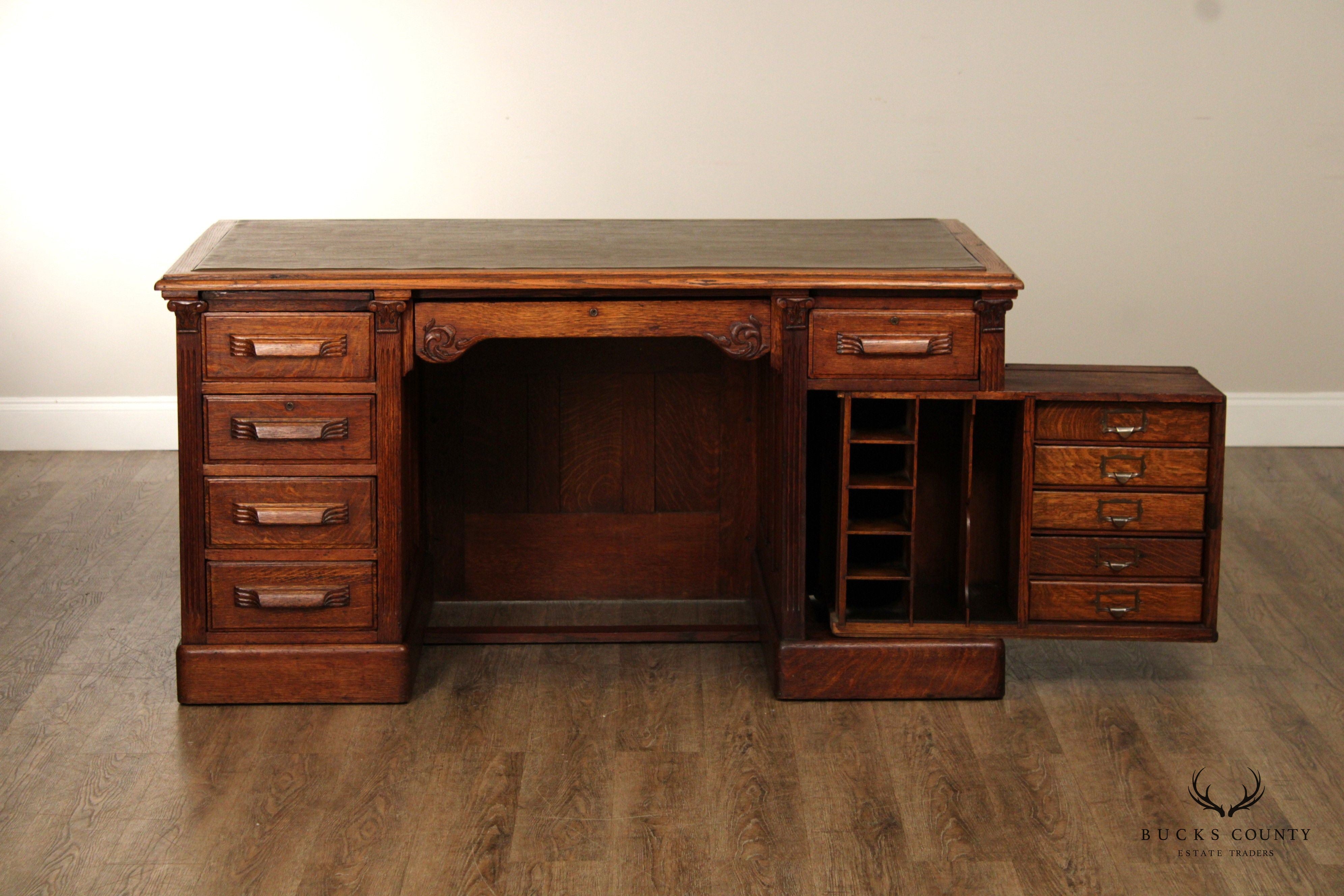 Antique Victorian Oak Wooten Style Executive Pedestal Desk