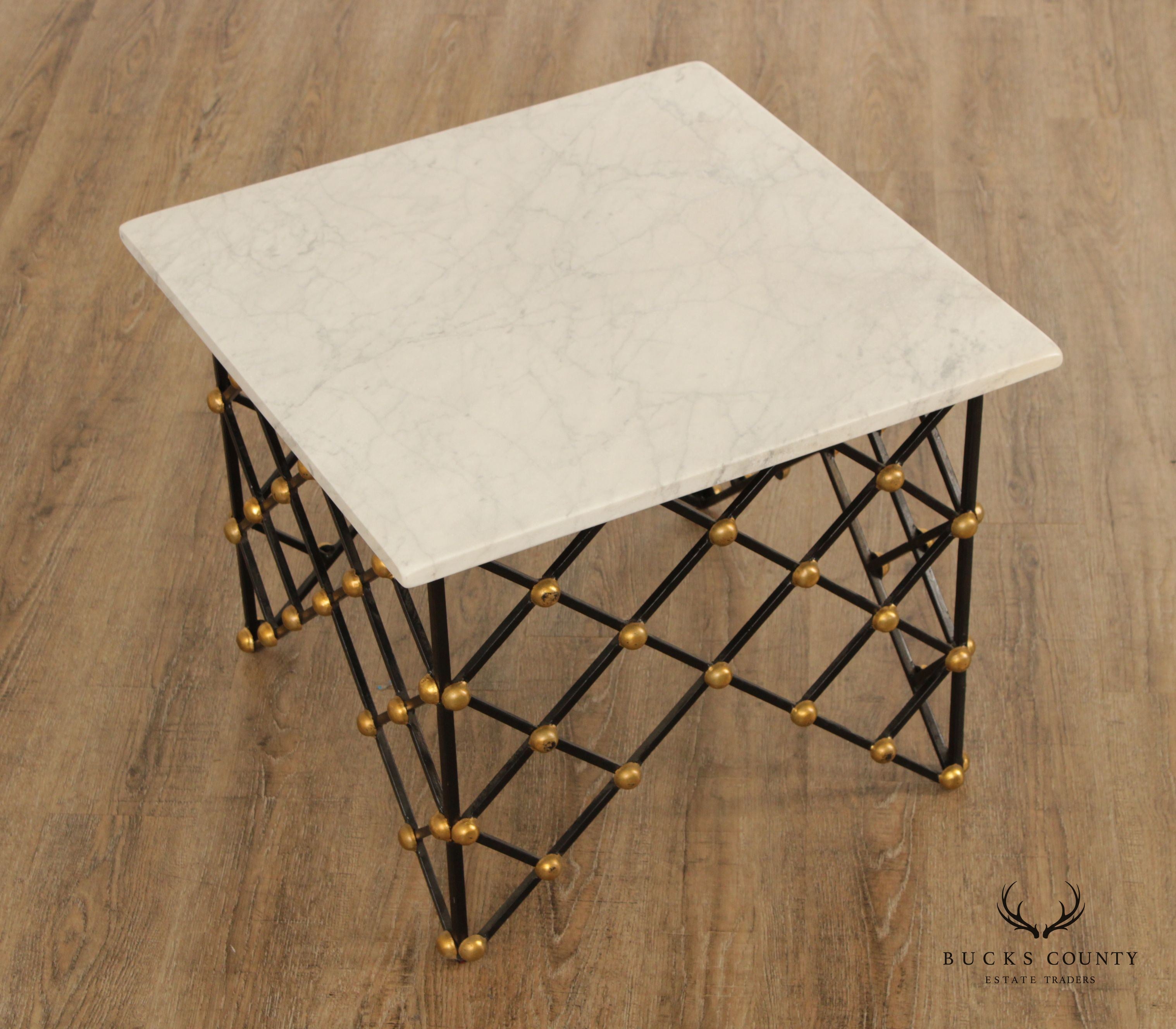 Vintage Wrought Iron Net Square Marble Top Cocktail Table