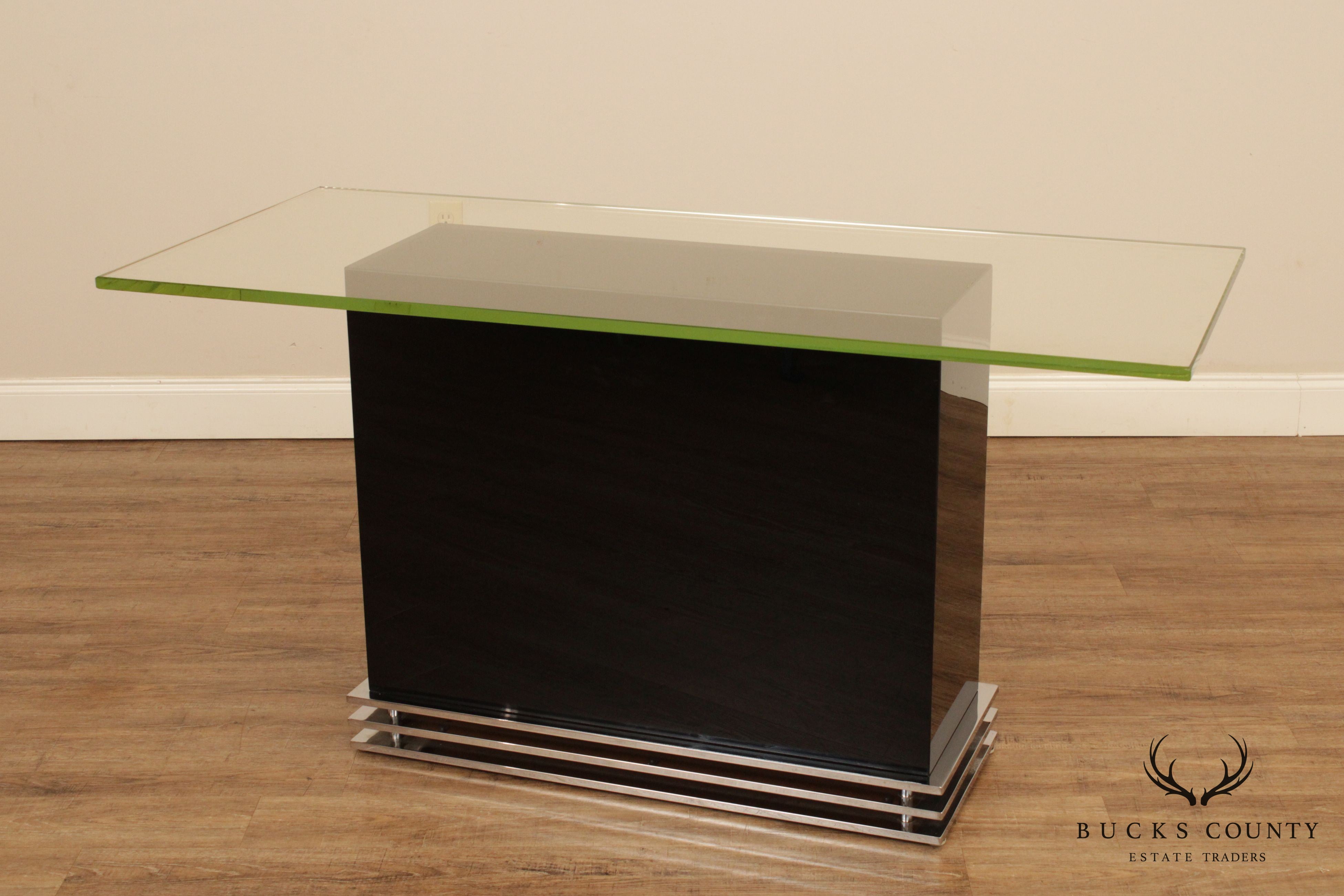 Design Institute of America Postmodern Black Lacquered, Chrome Glass Top Console Table