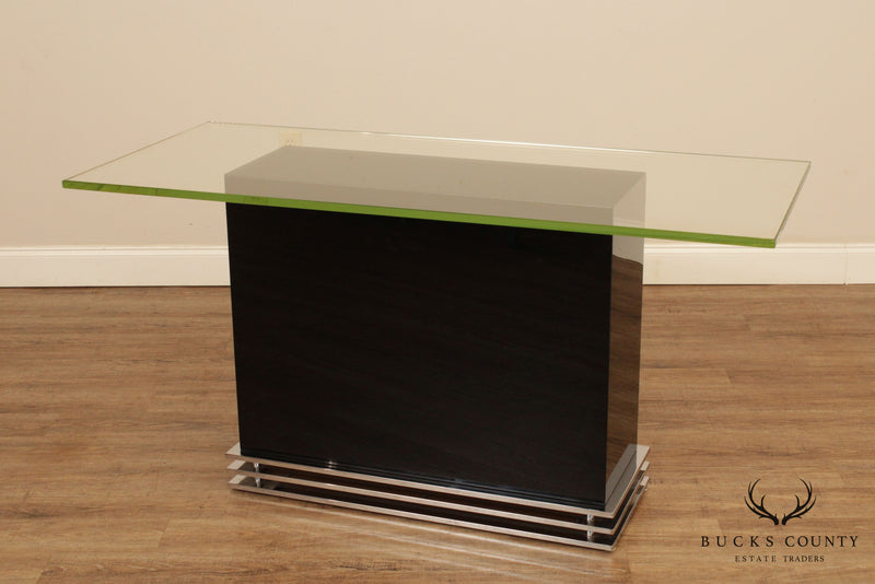 Design Institute of America Postmodern Black Lacquered, Chrome Glass Top Console Table