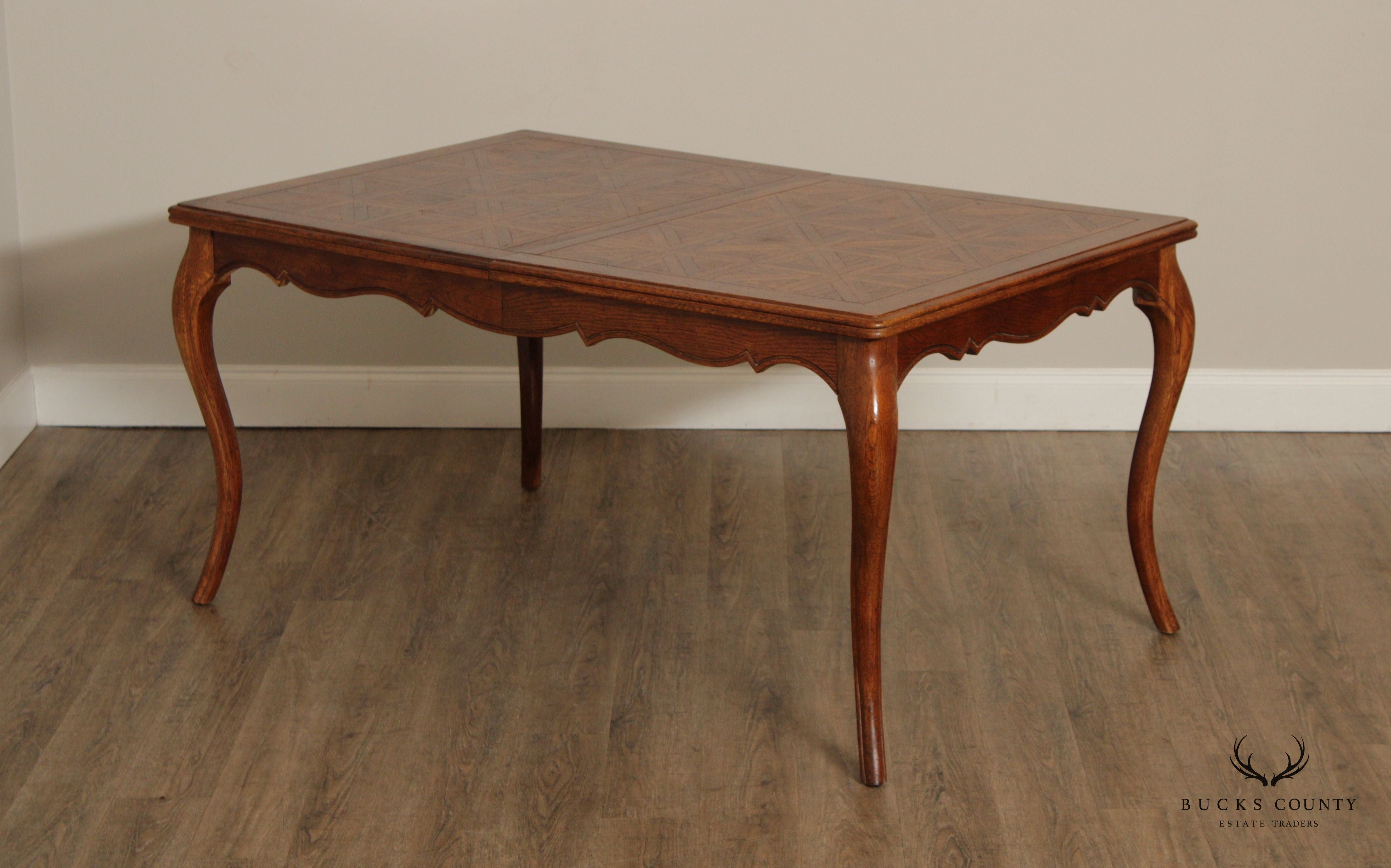 French Country Louis XV Style Vintage Oak Parquet Top Extension Dining Table