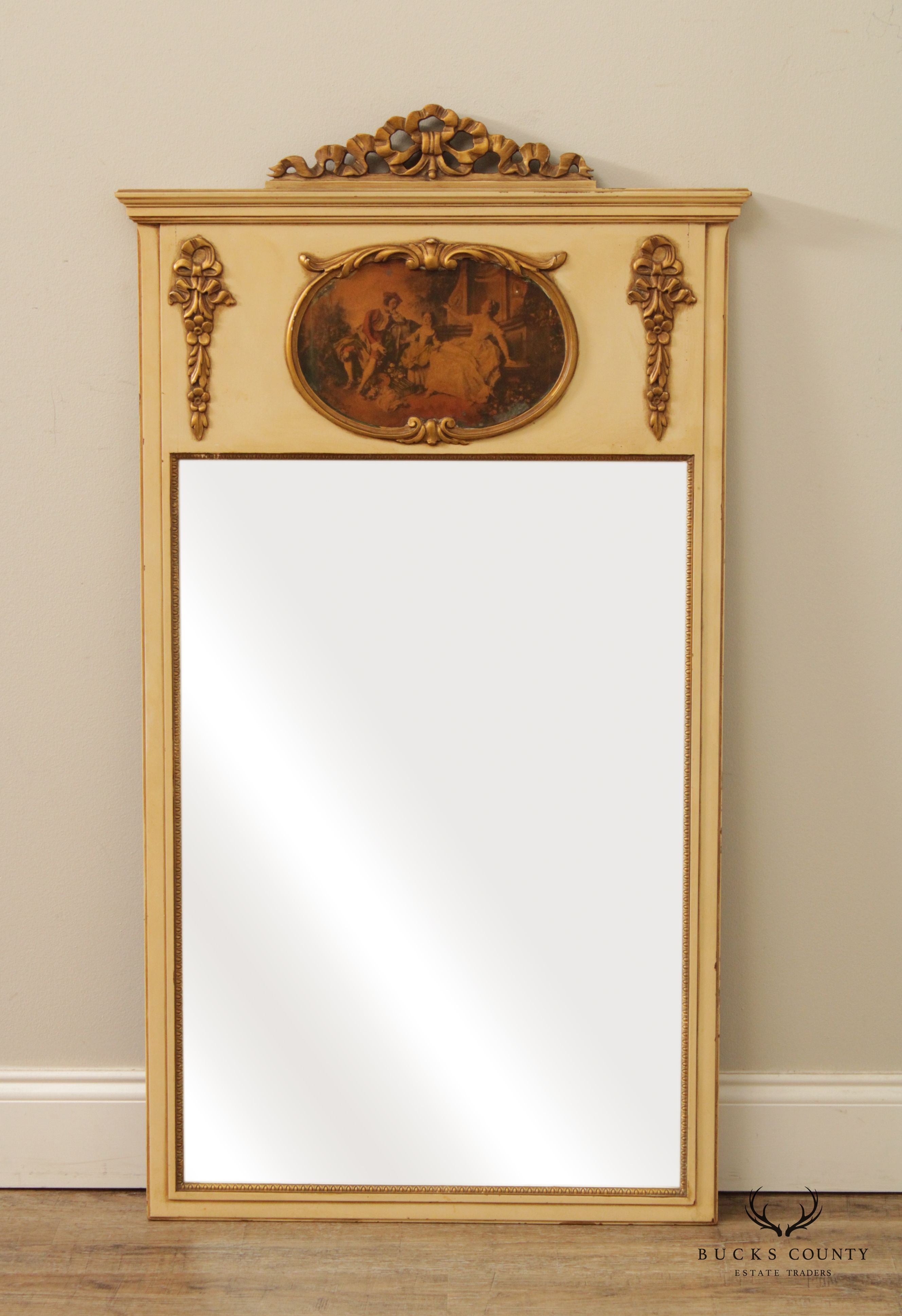 French Louis XIV Style Carved Giltwood and Distress Painted Trumeau Mirror