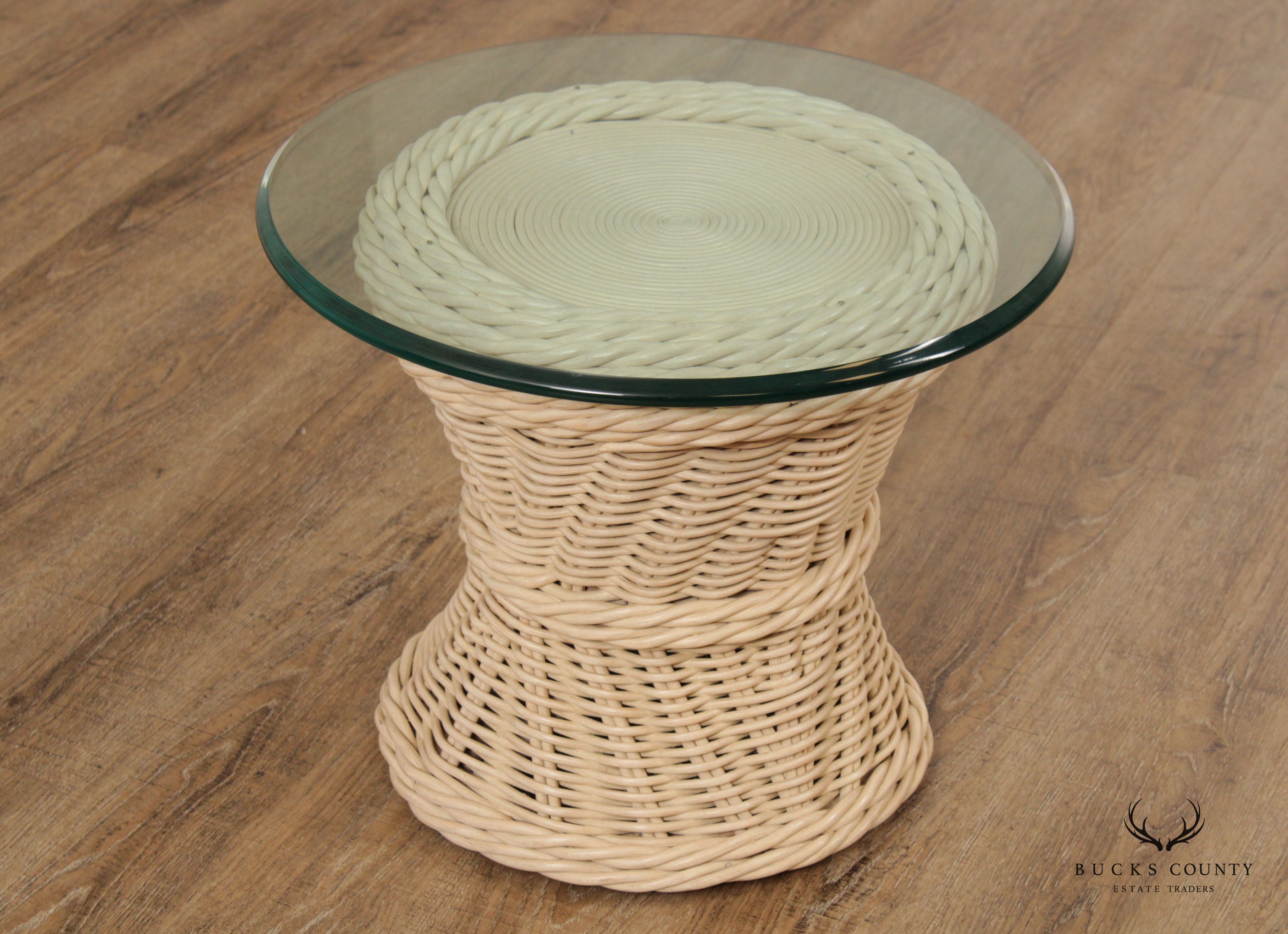 Quality Vintage Round Wicker Rattan Glass Top Side Table