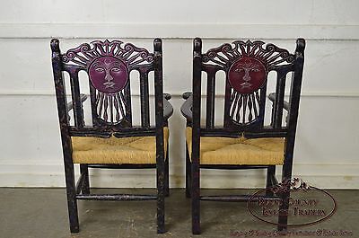 Custom Pair of Hand Painted Mexican Sun Gods Carved Rush Seat Arm Chairs