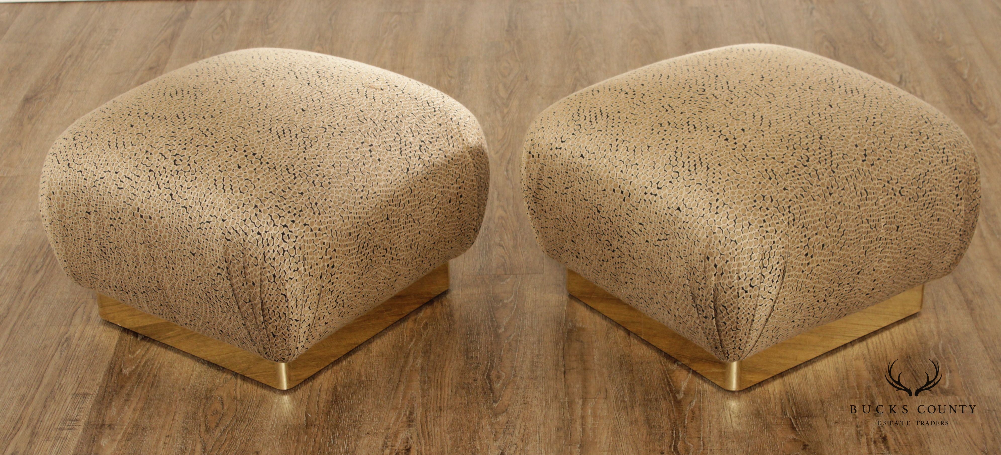 Hollywood Regency Pair Custom Upholstered Brass Ottomans