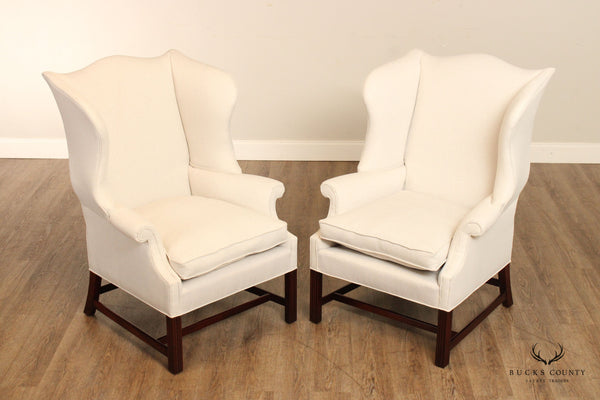 Saybolt Cleland Chippendale Style Pair Custom Upholstered Mahogany Wingback Chairs
