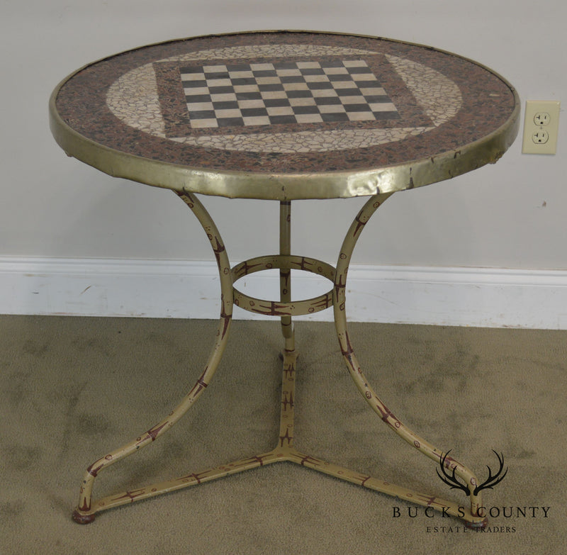Antique French Napoleonic Round Inlaid Stone Top Tole Painted Gueridon Gaming Table