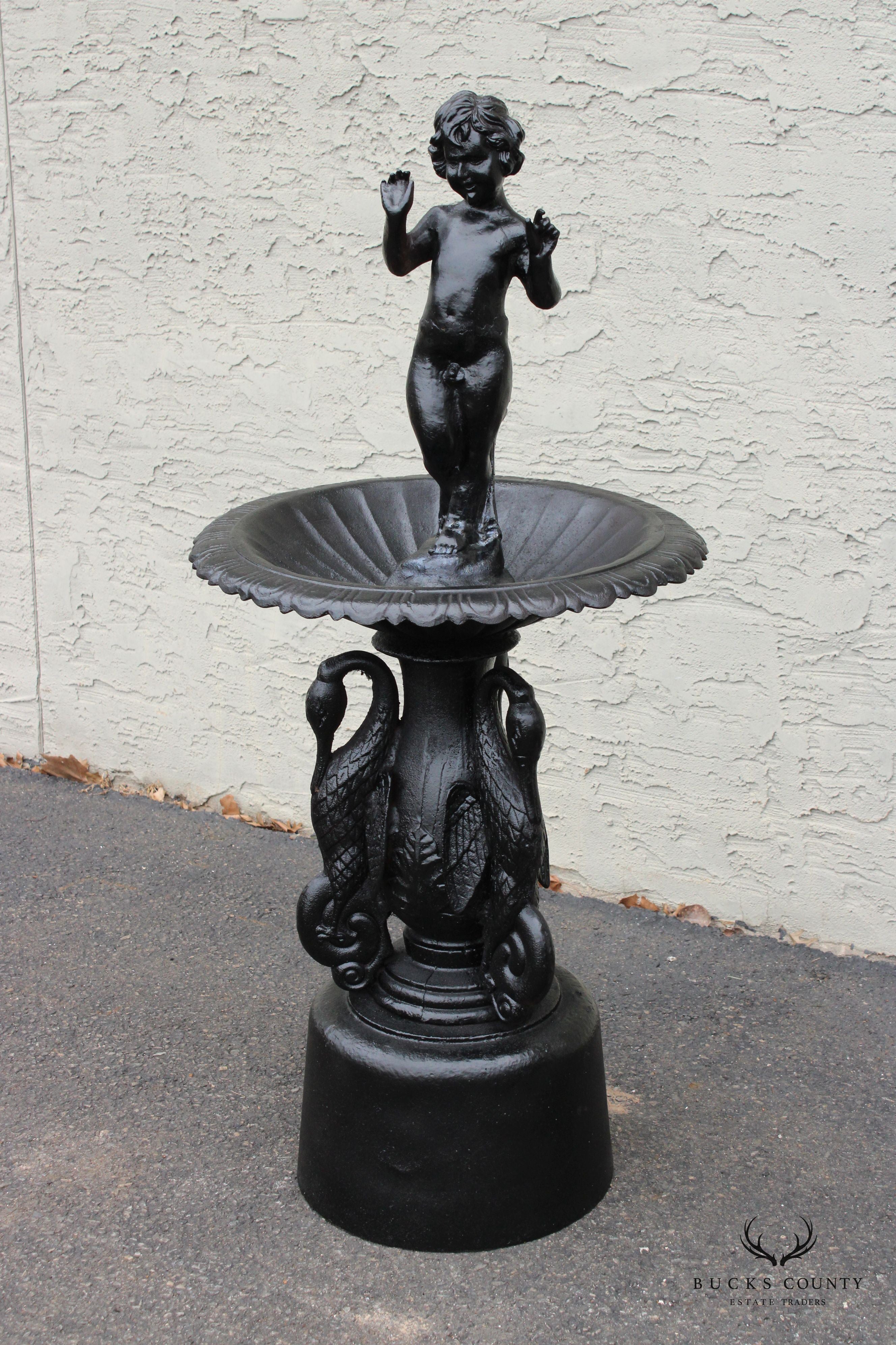 Neoclassical Style Cast Iron Cherub and Swan Garden Bird Bath