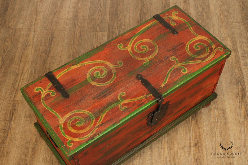 VINTAGE ORNATE HAND PAINTED BESPOKE TRUNK WTH IRON STRAP HINGES