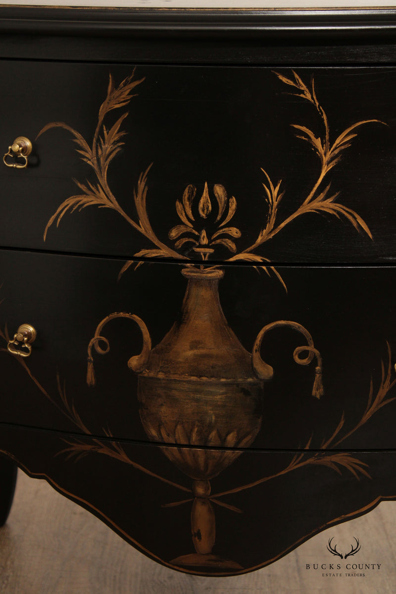 French Louis XV Style Ebonized Bombe Paint Decorated Chest