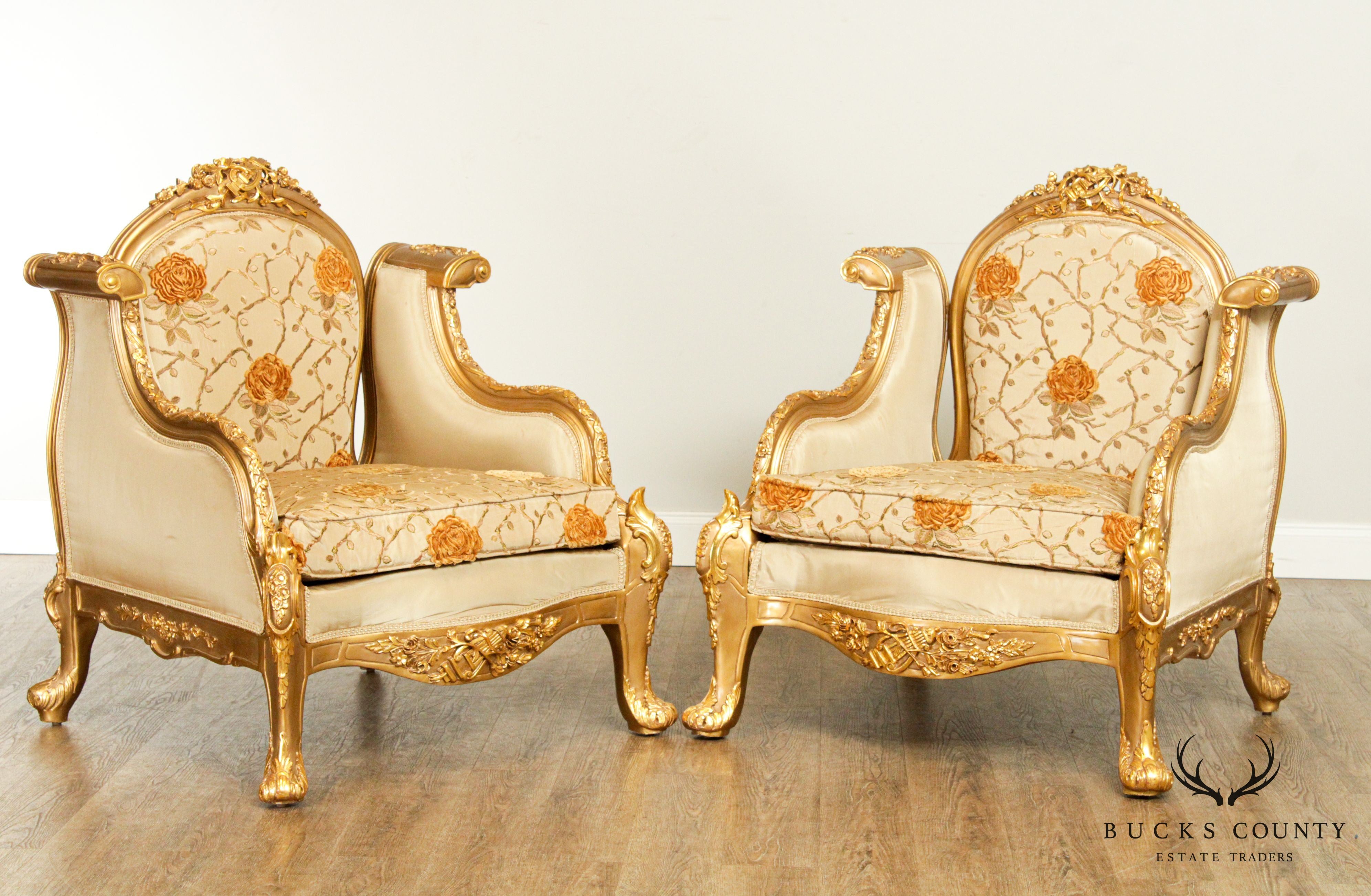 Quality Pair Giltwood Baroque Style Armchairs, Bergeres