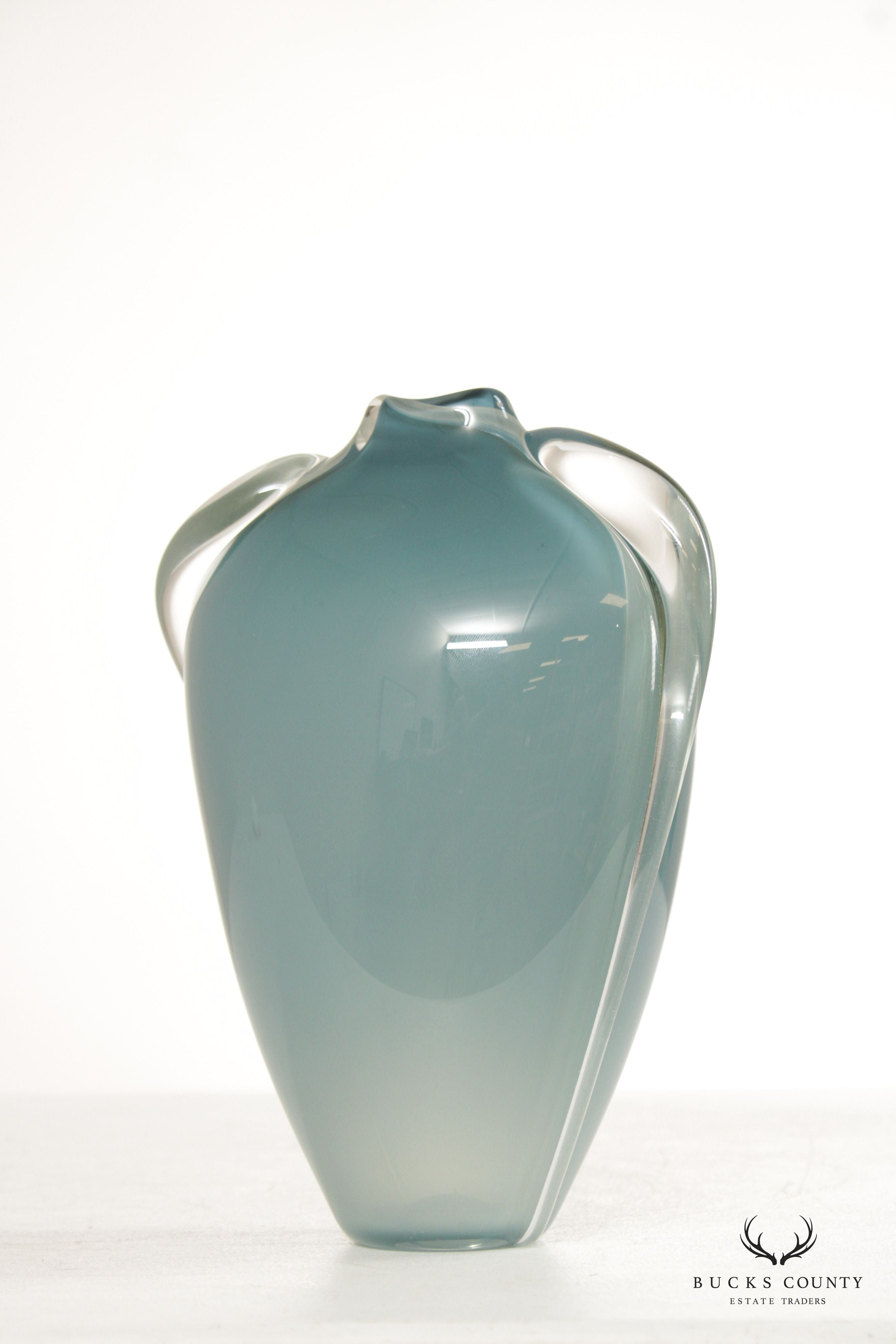 Thomas Buechner Blue Vitrix Blown Art Glass Vase, Signed