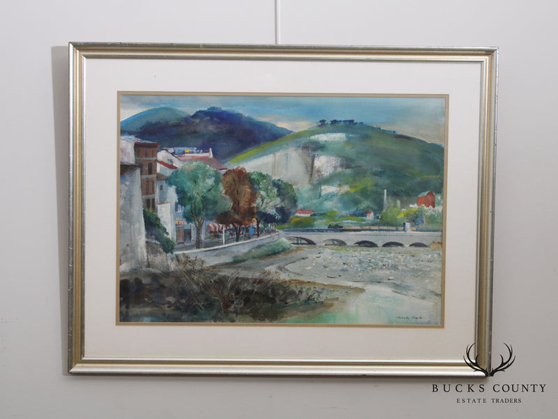 Charles Taylor Landscape with Bridge Watercolor Framed Painting