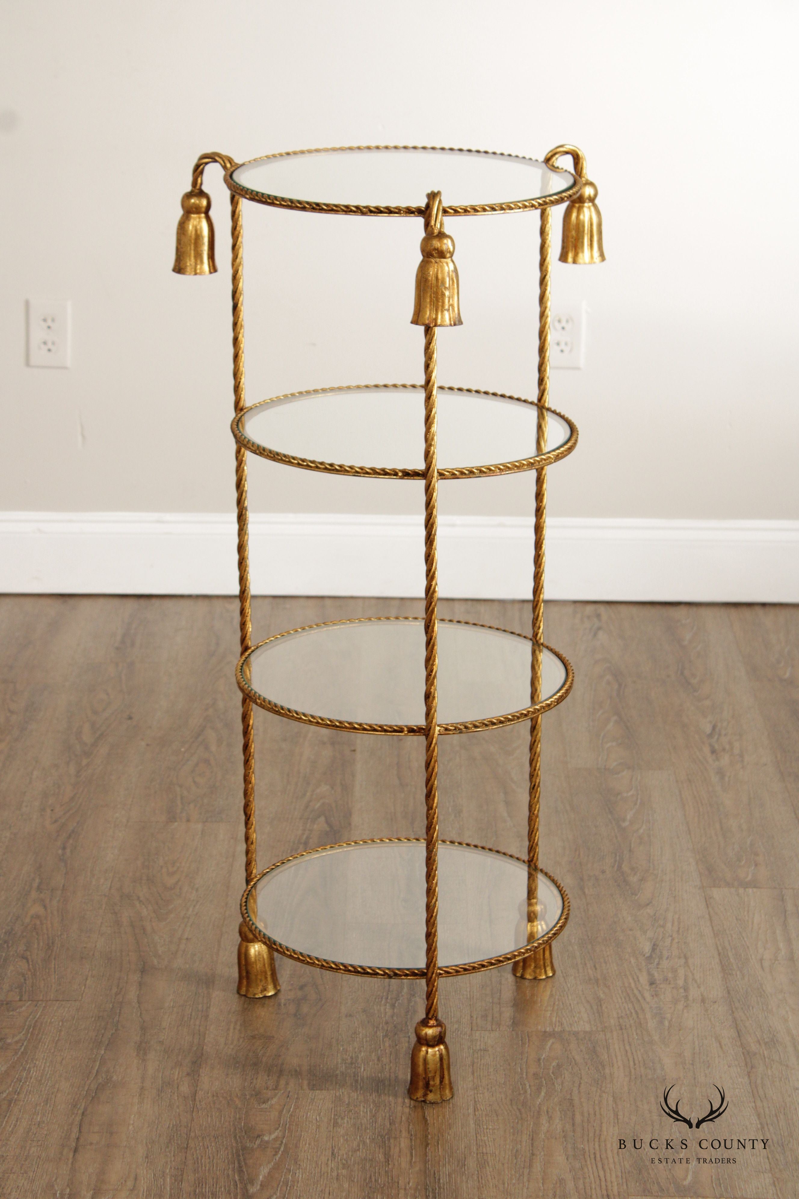 Italian Gilt Metal Four Tier Rope And Tassel Etagere Stand