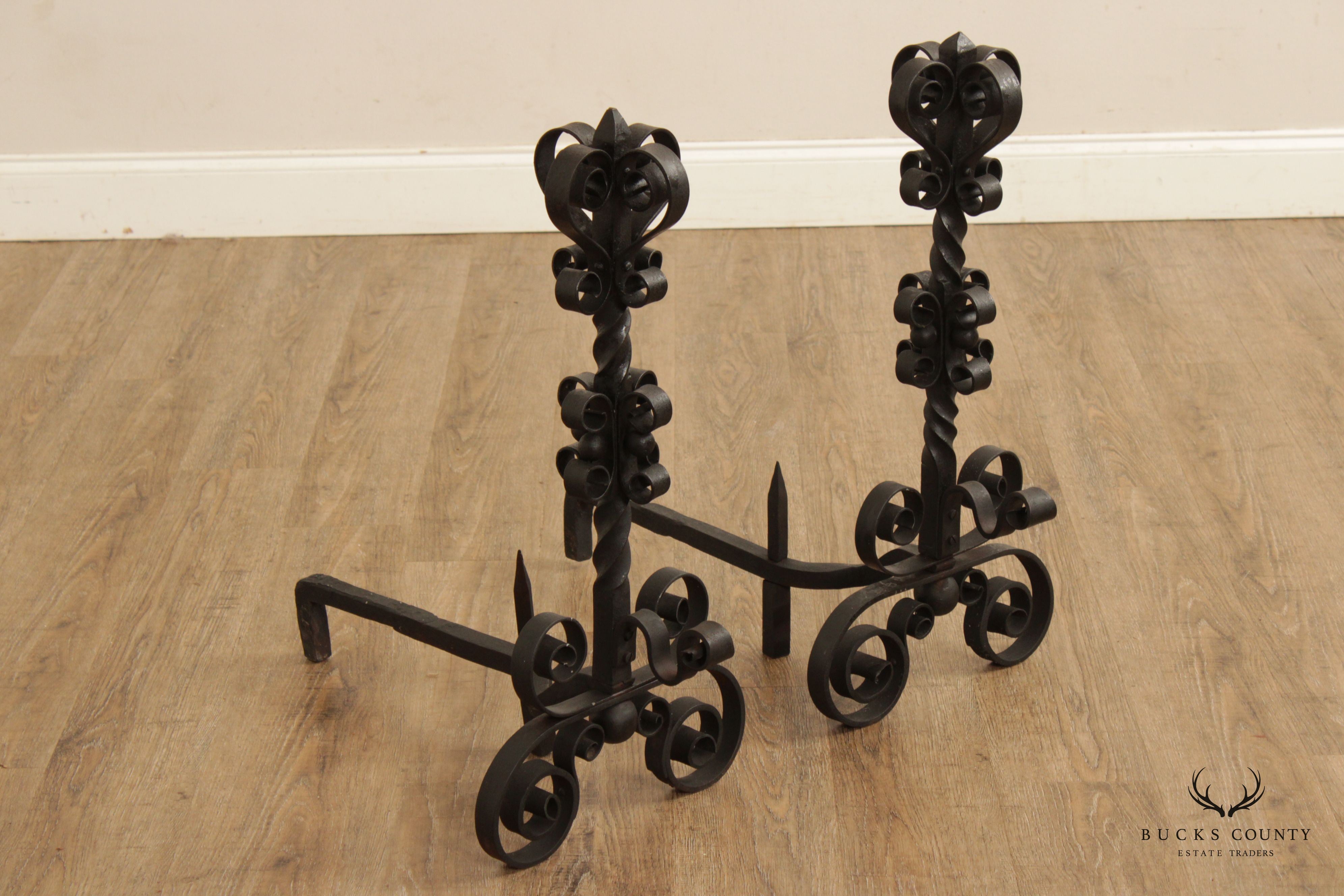 Vintage Gothic Style Pair Wrought Iron Scroll Andirons