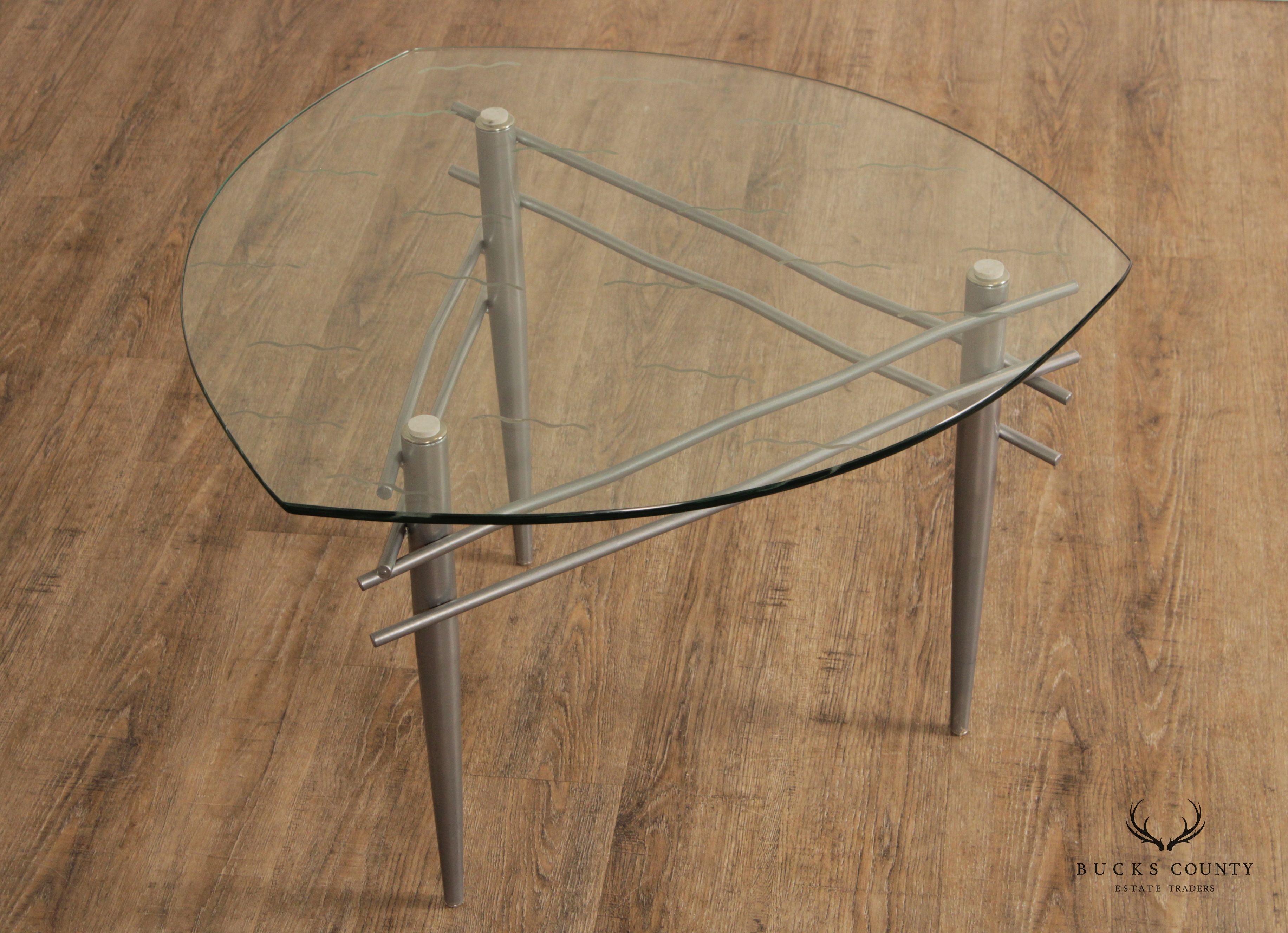 Modern Triangular Glass Top Brushed Steel Table