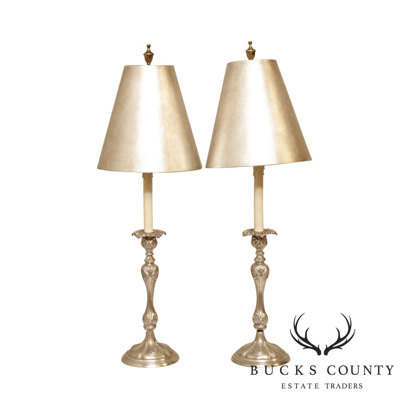Rococo Style Pair Silvered Brass Candlestick Table Lamps