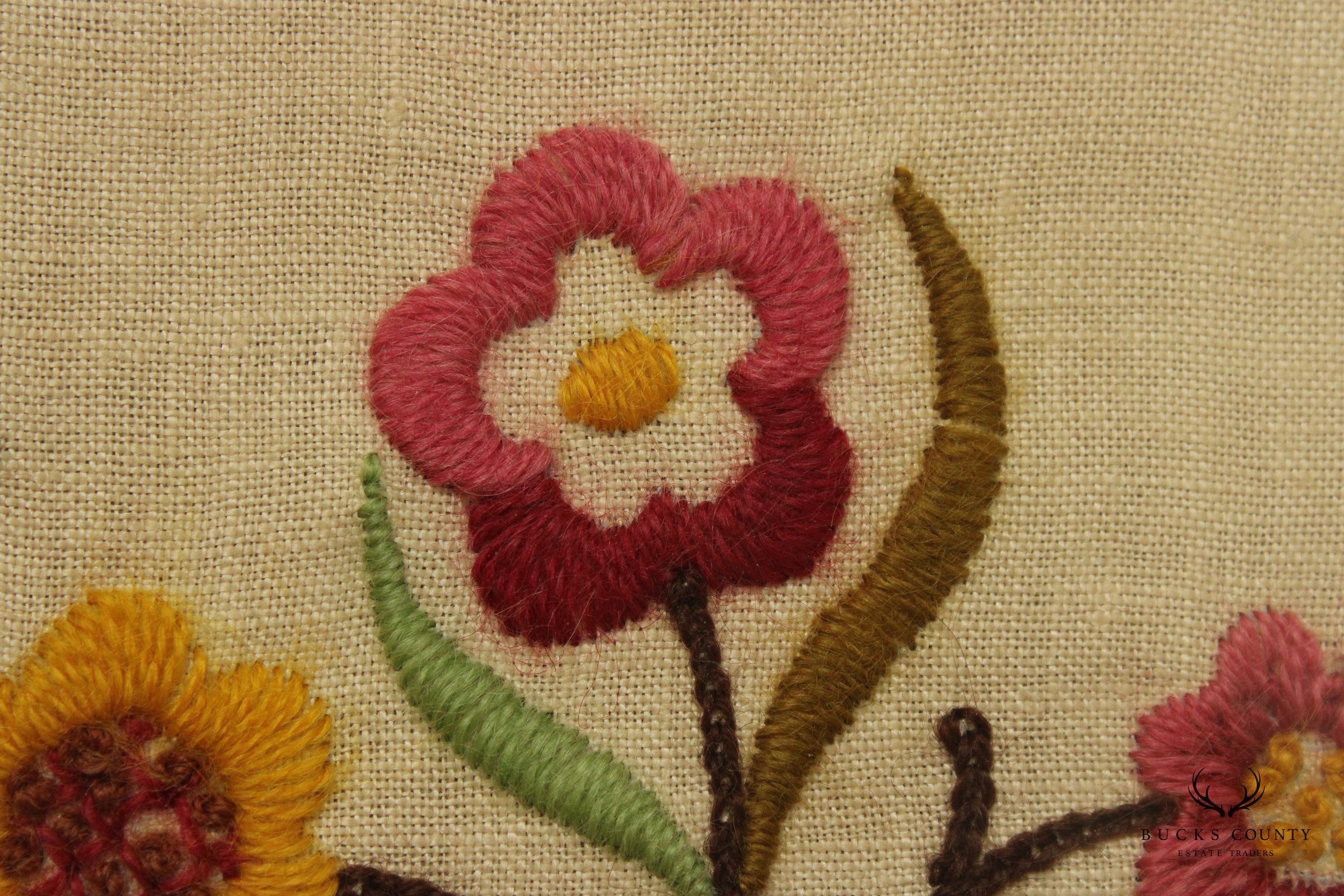 Vintage Crewel Embroidered Linen Textile, Custom Framed