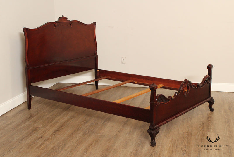 1940's Chinese Chippendale Style Carved Mahogany Full-Size Bed Frame