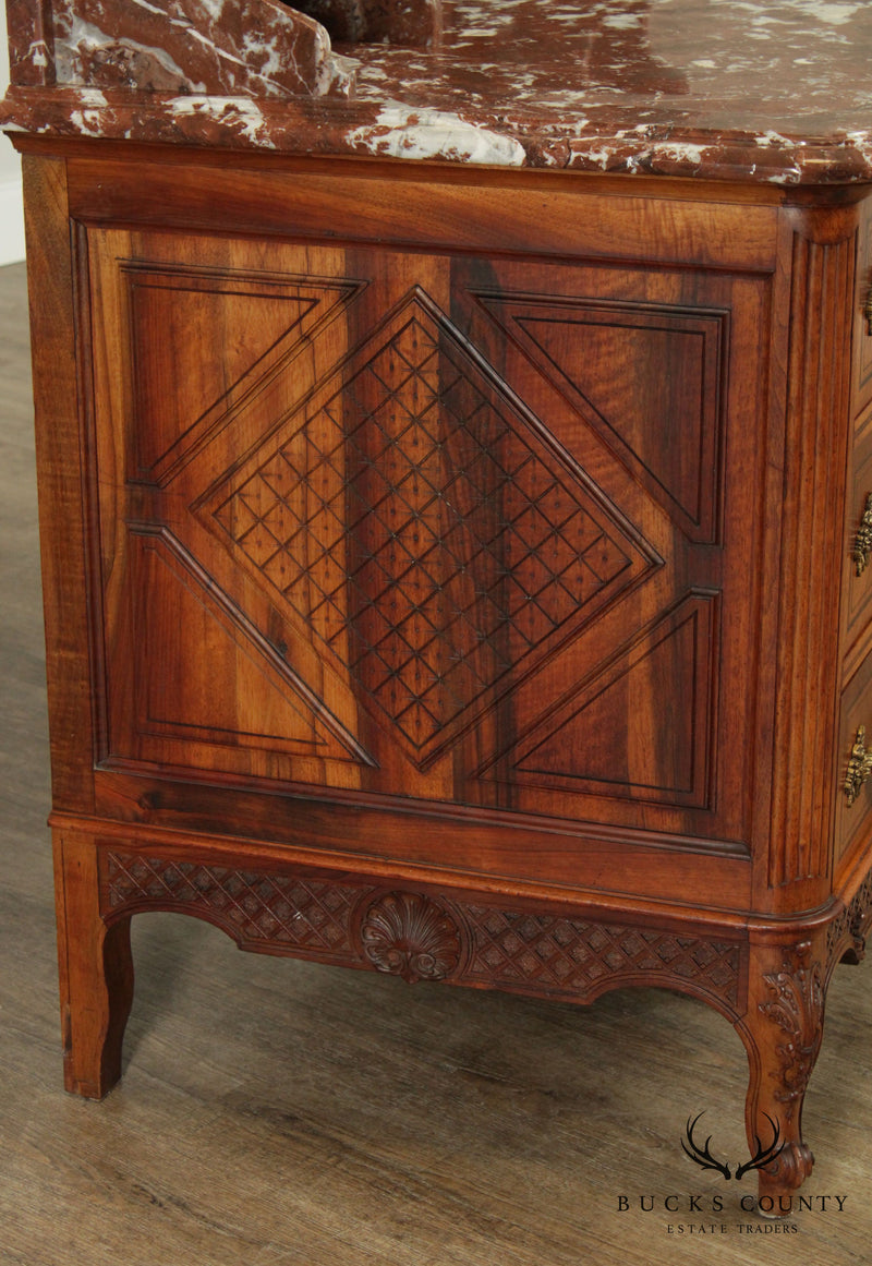 Fine Antique French Louis XV Walnut  Marble Top Parquetry Inlaid  Commode Wash Stand