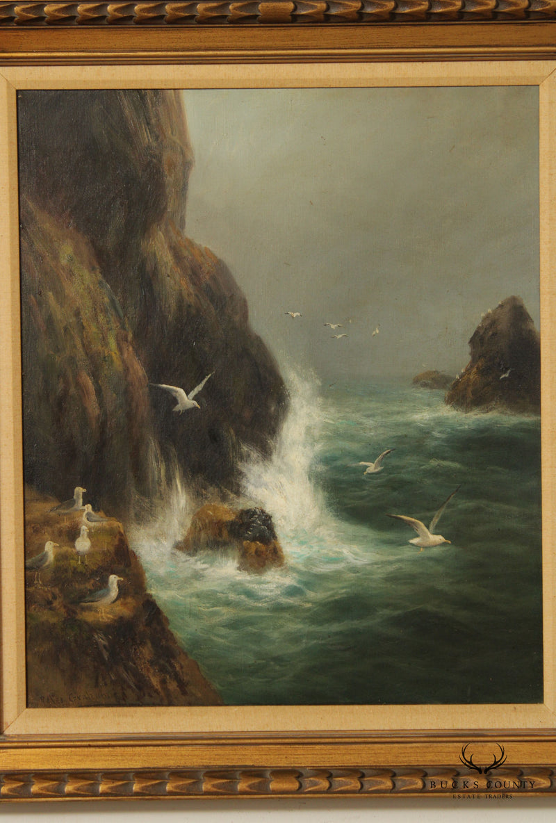Antique 19th C. Scottish Rocky Shoreline Seascape Painting by Peter Graham