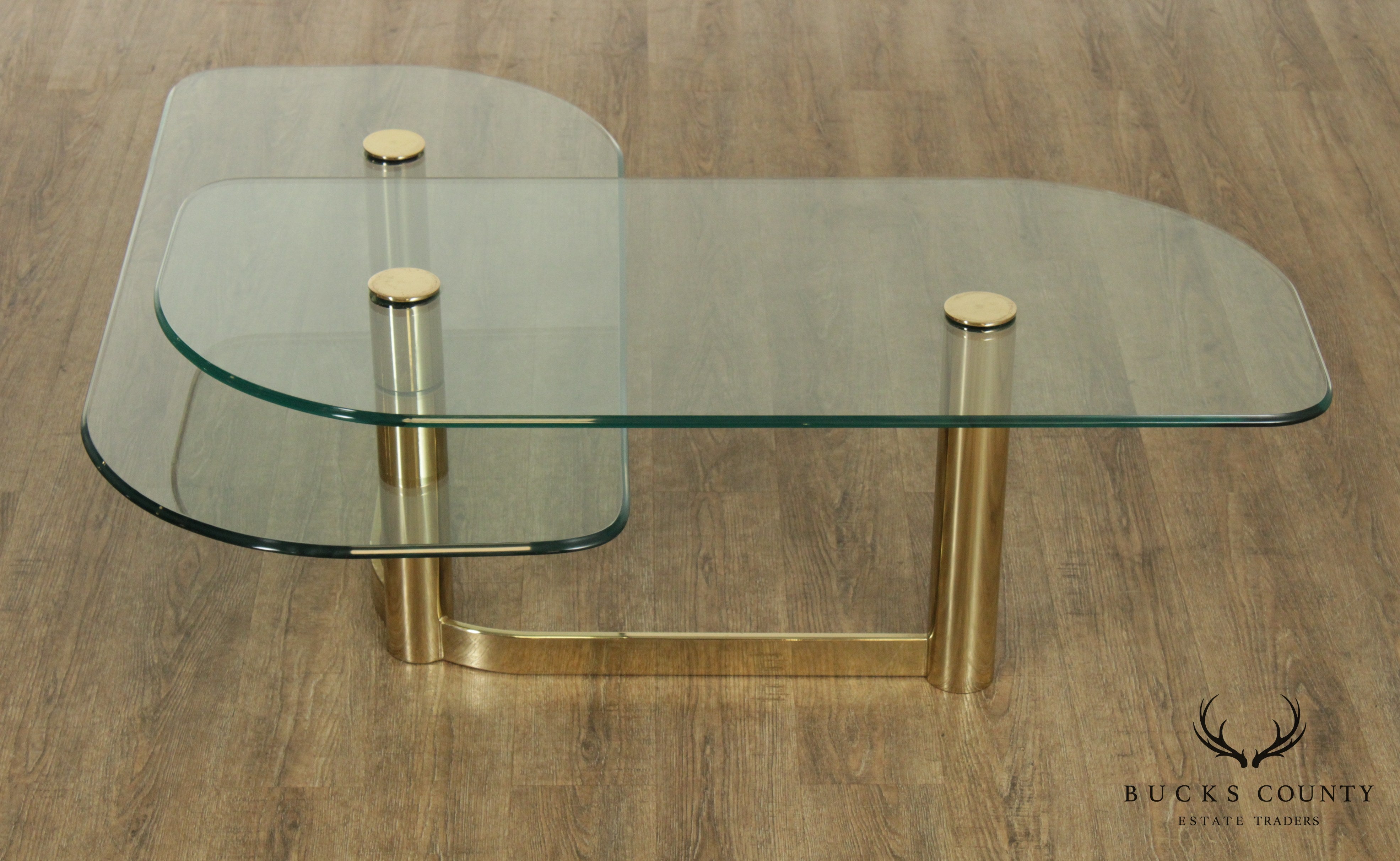 Postmodern 1970's Vintage Brass & Glass 2 Tier L Shape Coffee Table