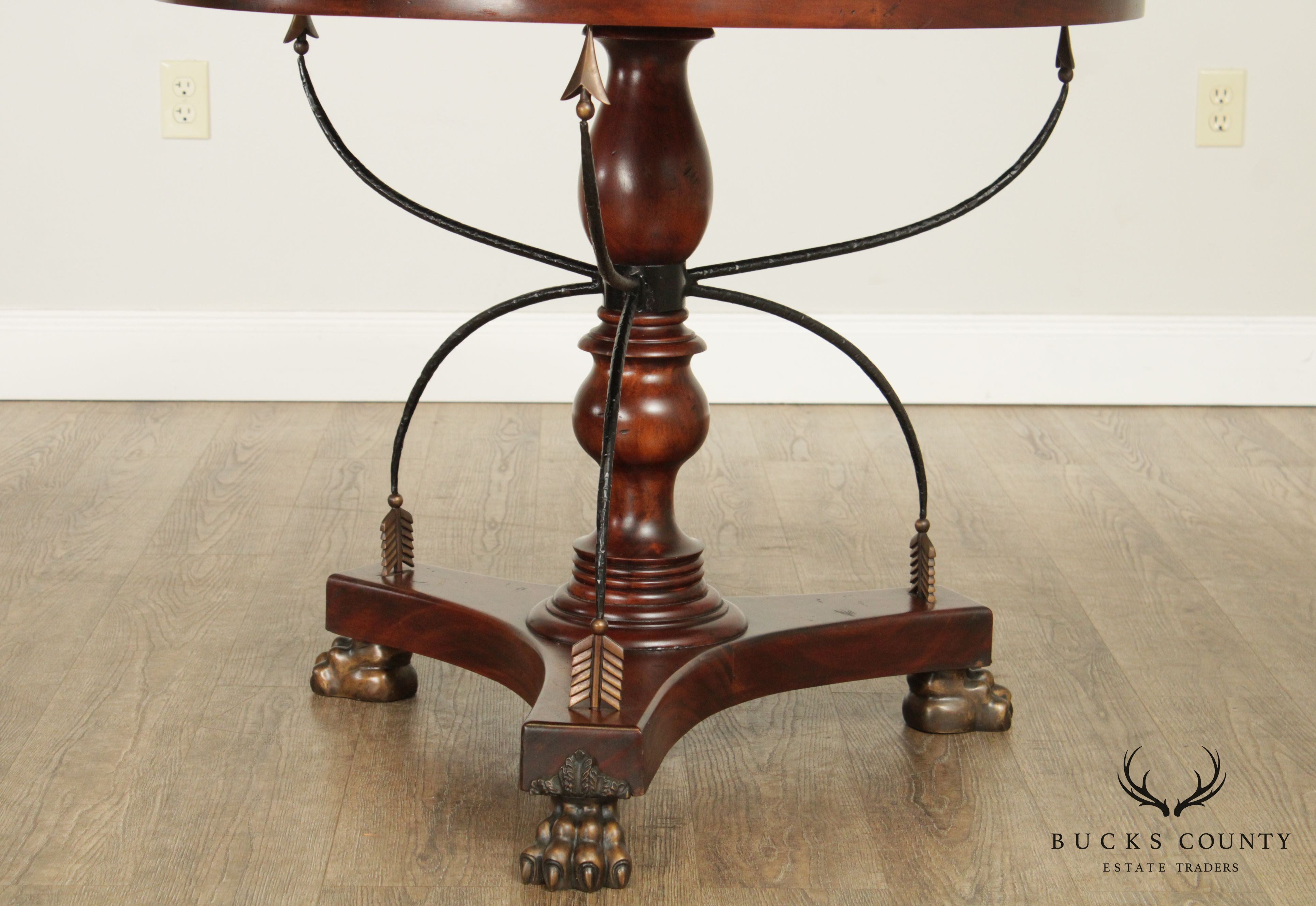 Neoclassical Style Round Solid Mahogany Center Table with Crossed Arrows, Bronze Claw Feet