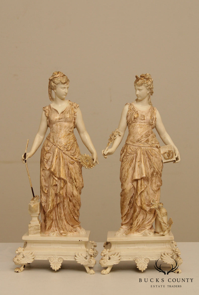 Antique Cast Spelter Pair Figural Goddess Statues