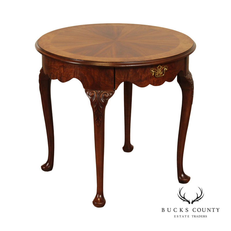 Baker Queen Anne Style Walnut Round One Drawer Side Table