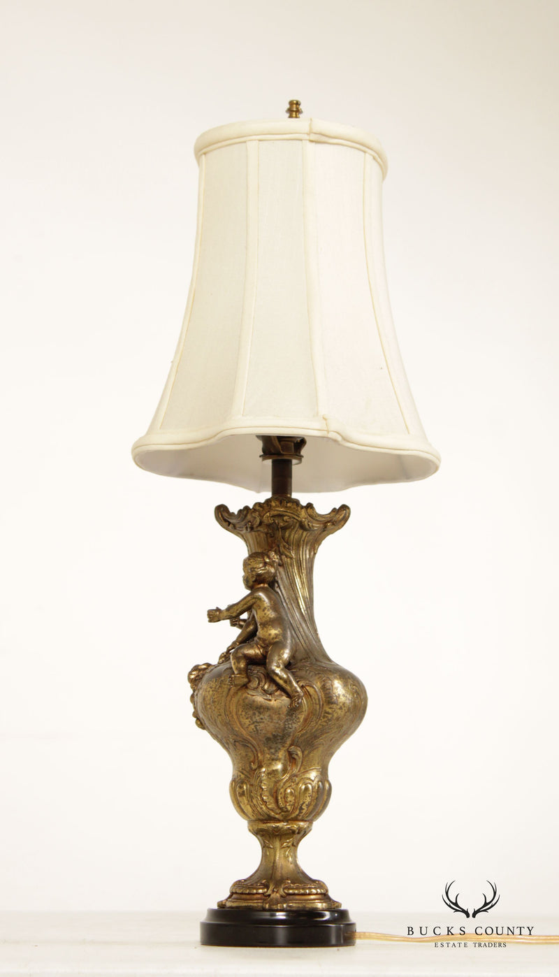 French Rococo Style Gilt Putti Table Lamp with Silk Shade