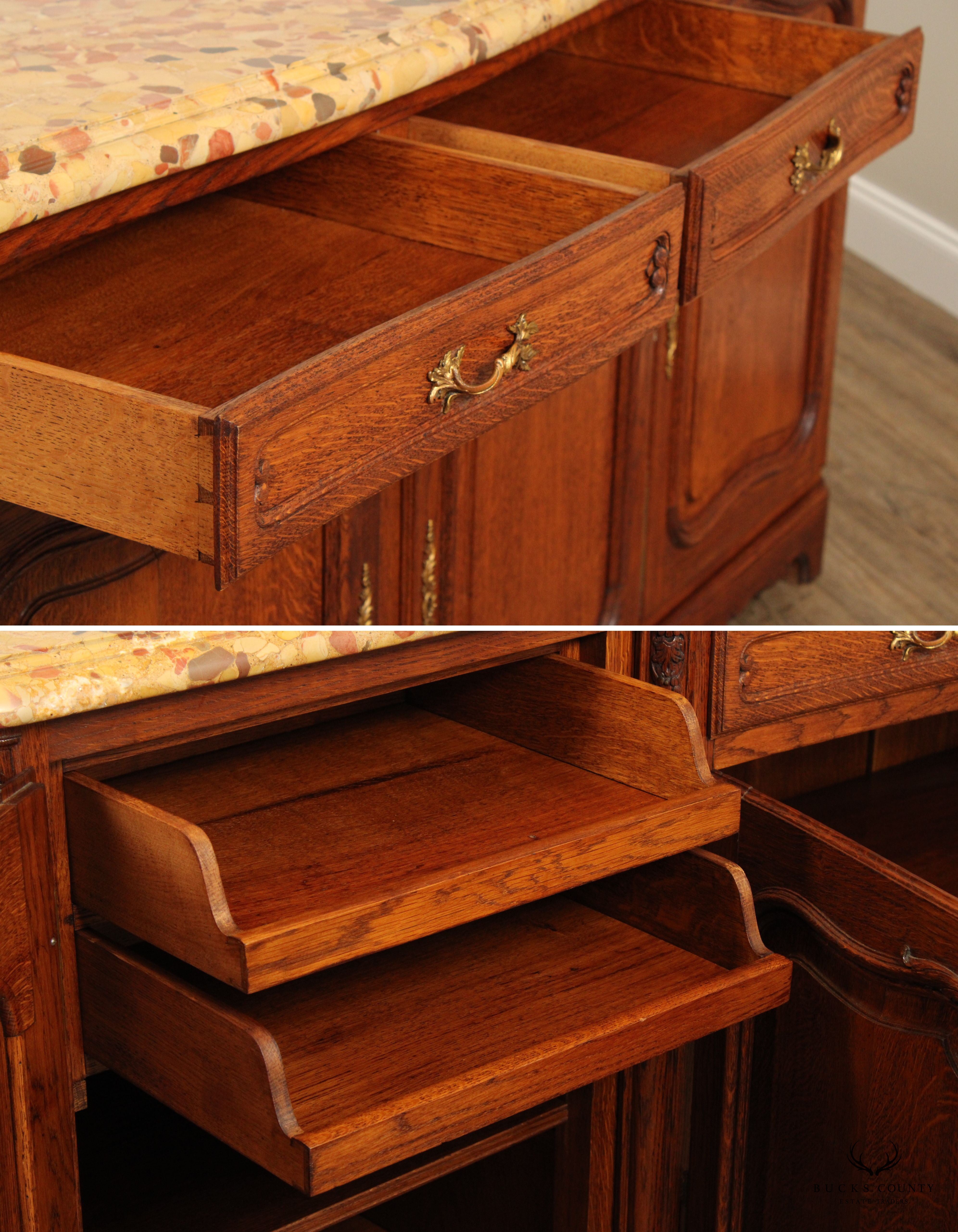 Antique French Louis XV Style Breccia Marble Top Long Oak Sideboard