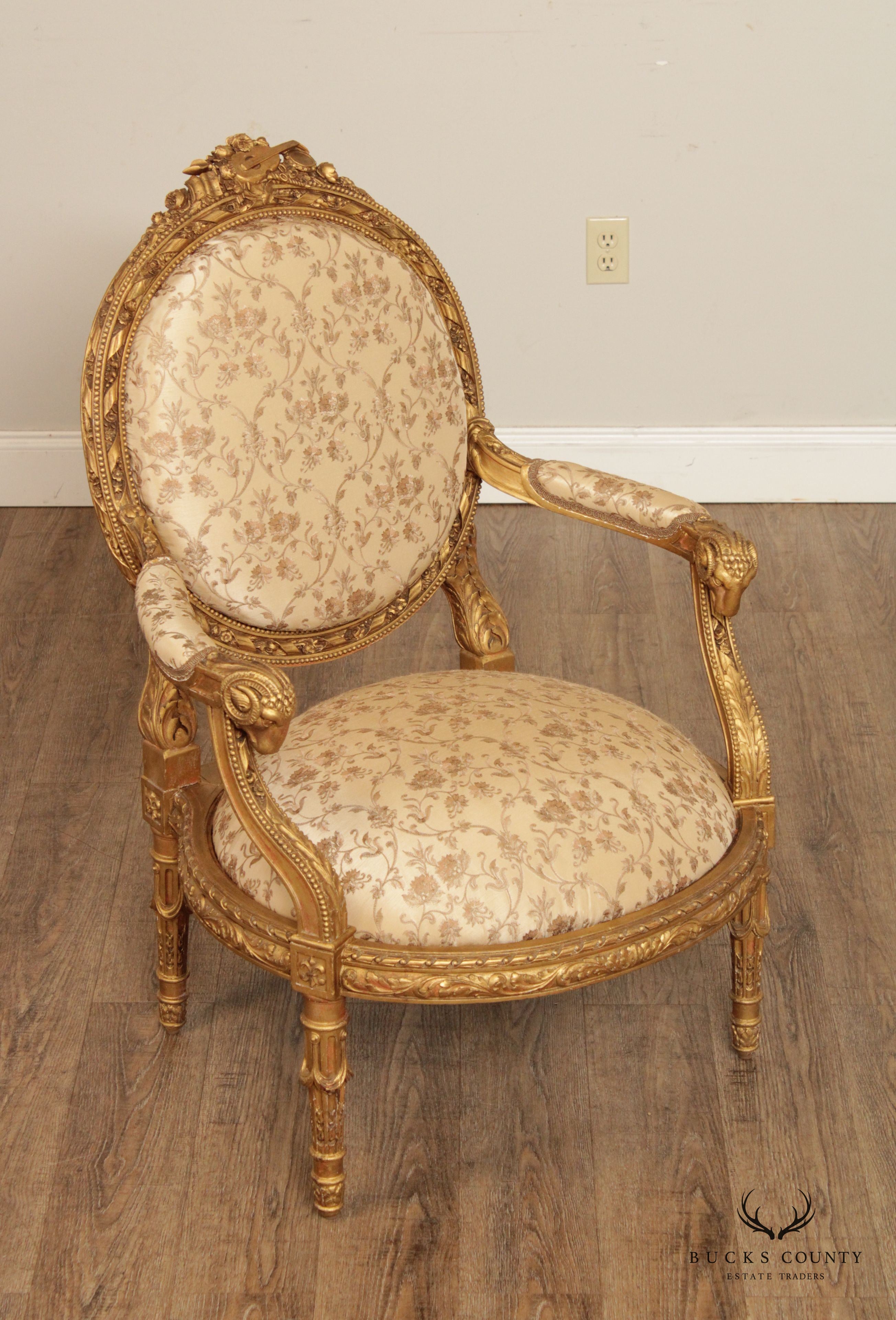 Antique French Louis XVI Style Carved Giltwood Fauteuil Armchair