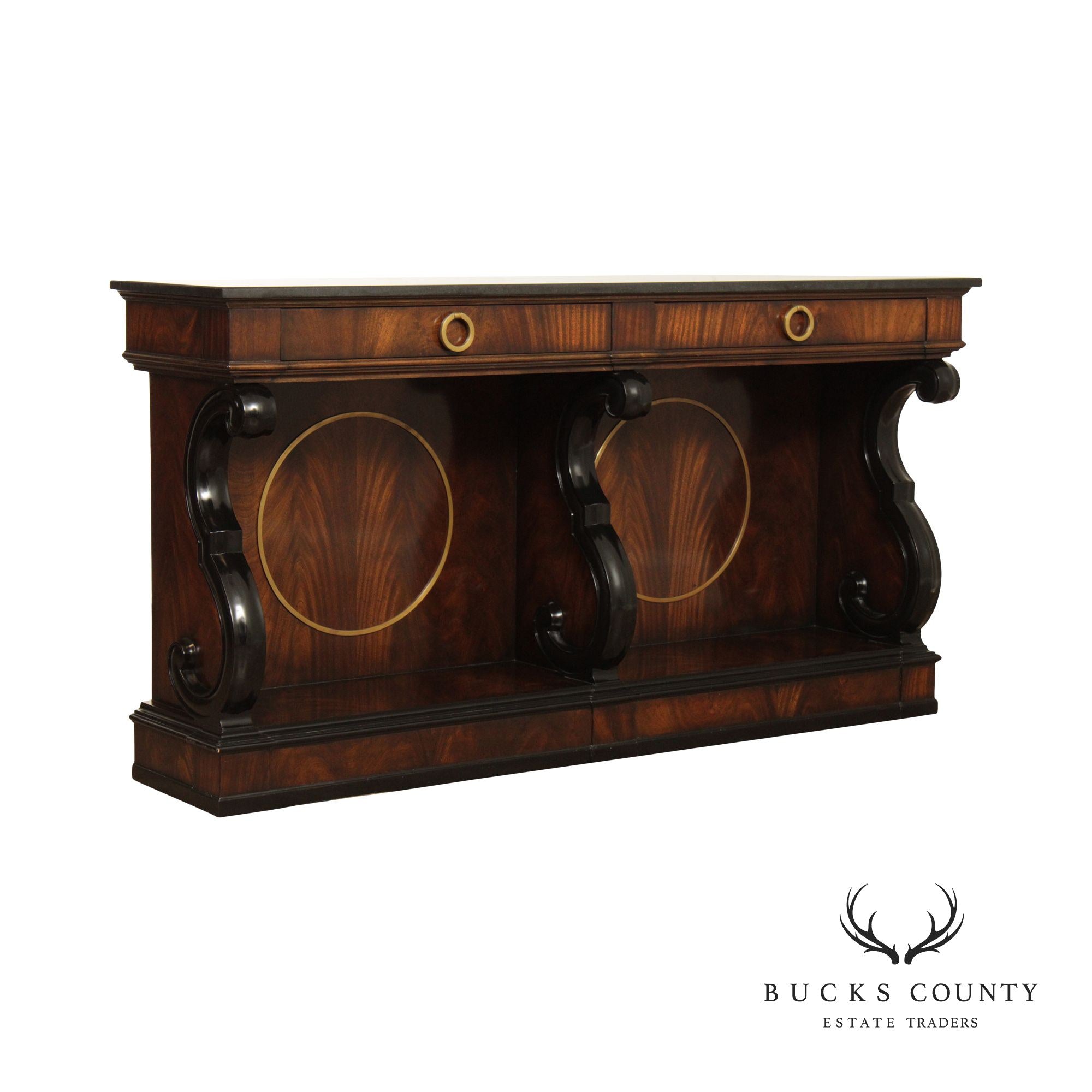 Mahogany Regency Style Granite Top Sideboard with Scroll Brackets