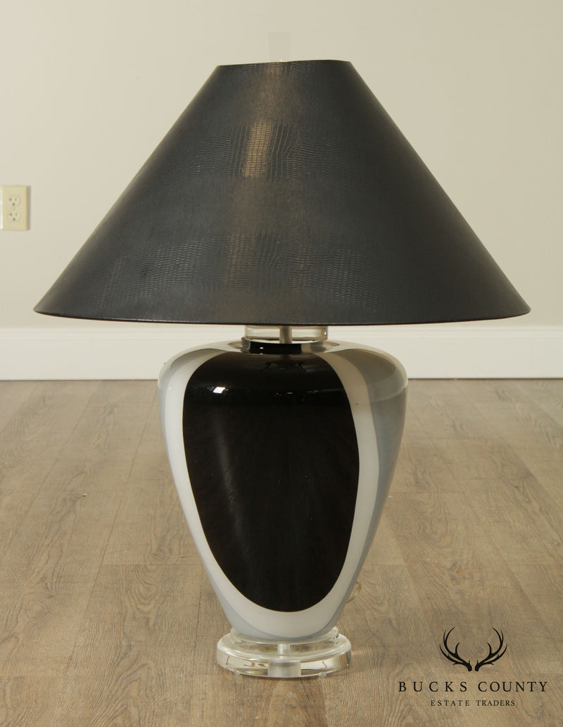 Wescal 1980's Modern Black, White and Grey Art Glass Urn Lamp on Lucite Base
