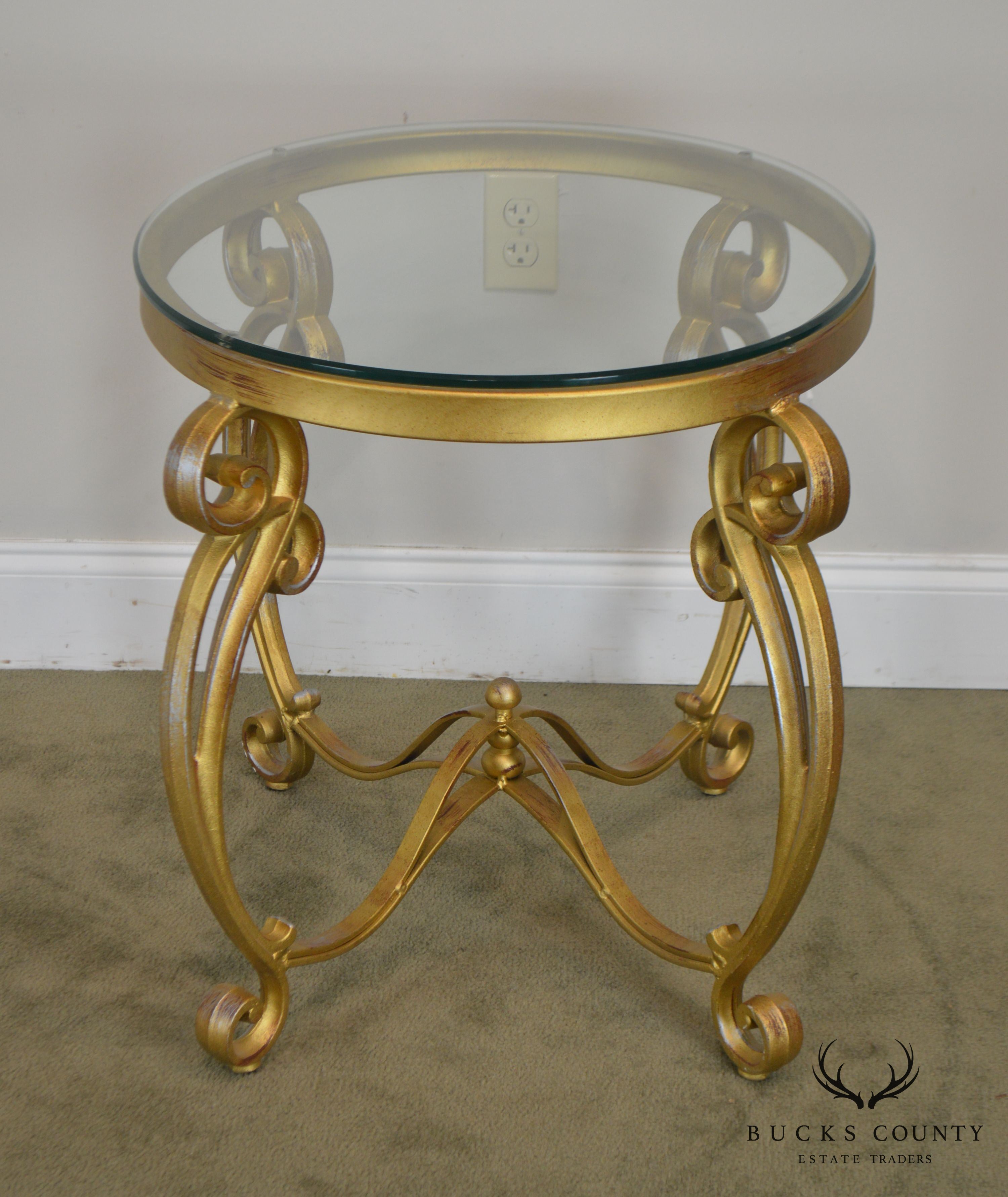 Rococo Style Gilt Metal Scrolled Base Glass Top Side Table