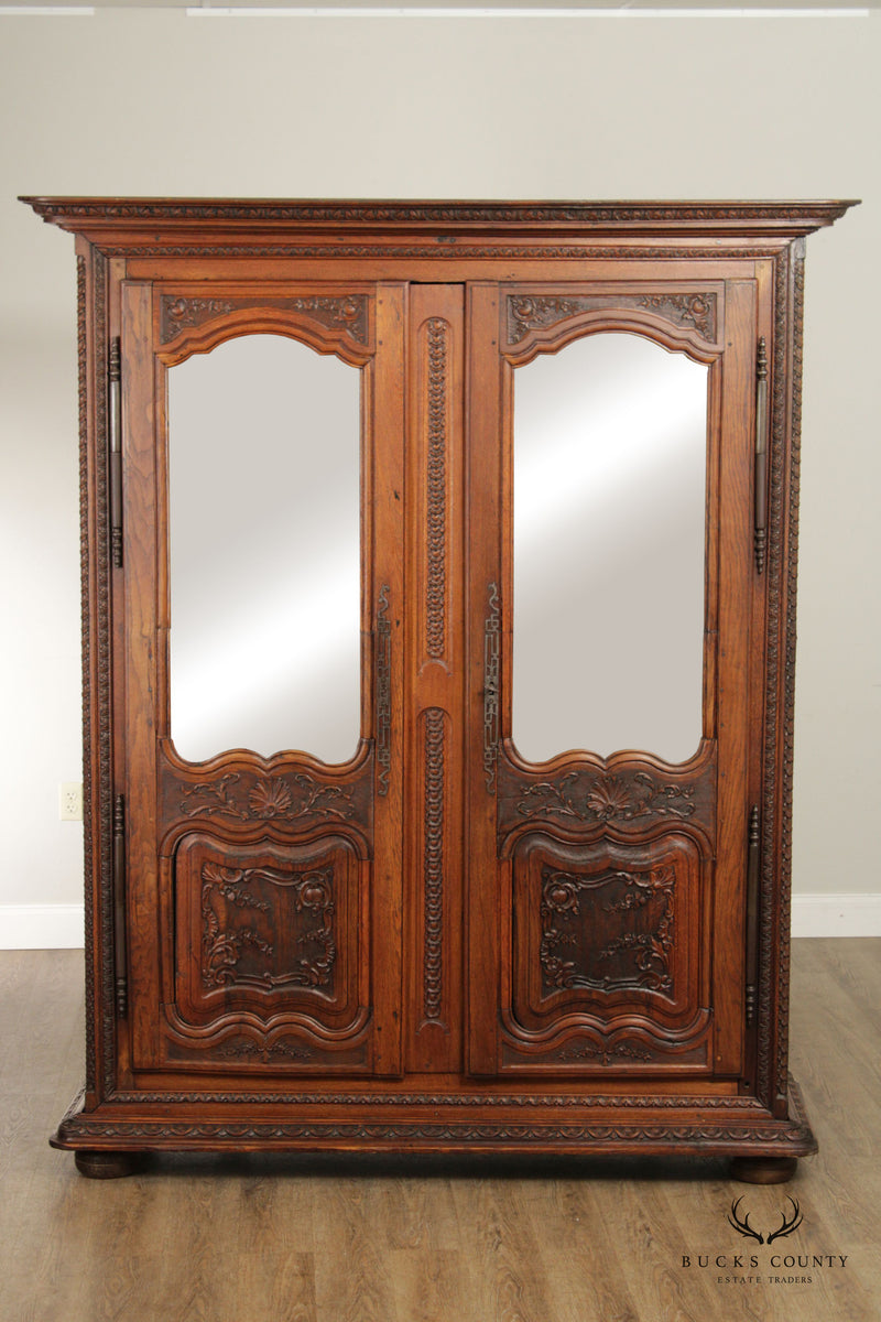 Antique 18th Century French Carved Oak Mirrored Armoire
