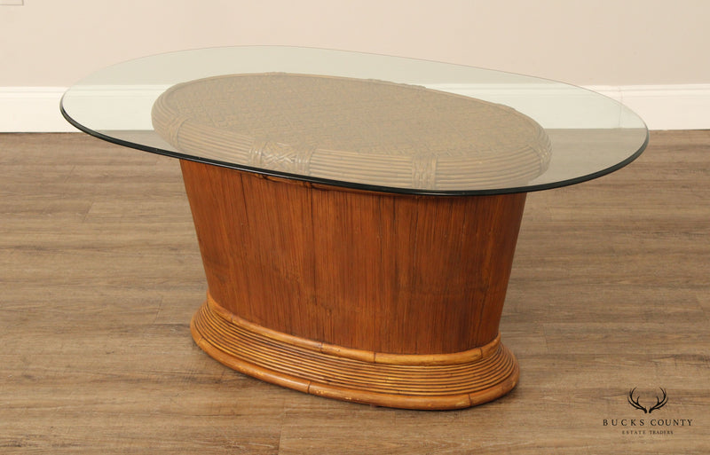 Rattan Pedestal Base Glass Top Oblong Coffee Table