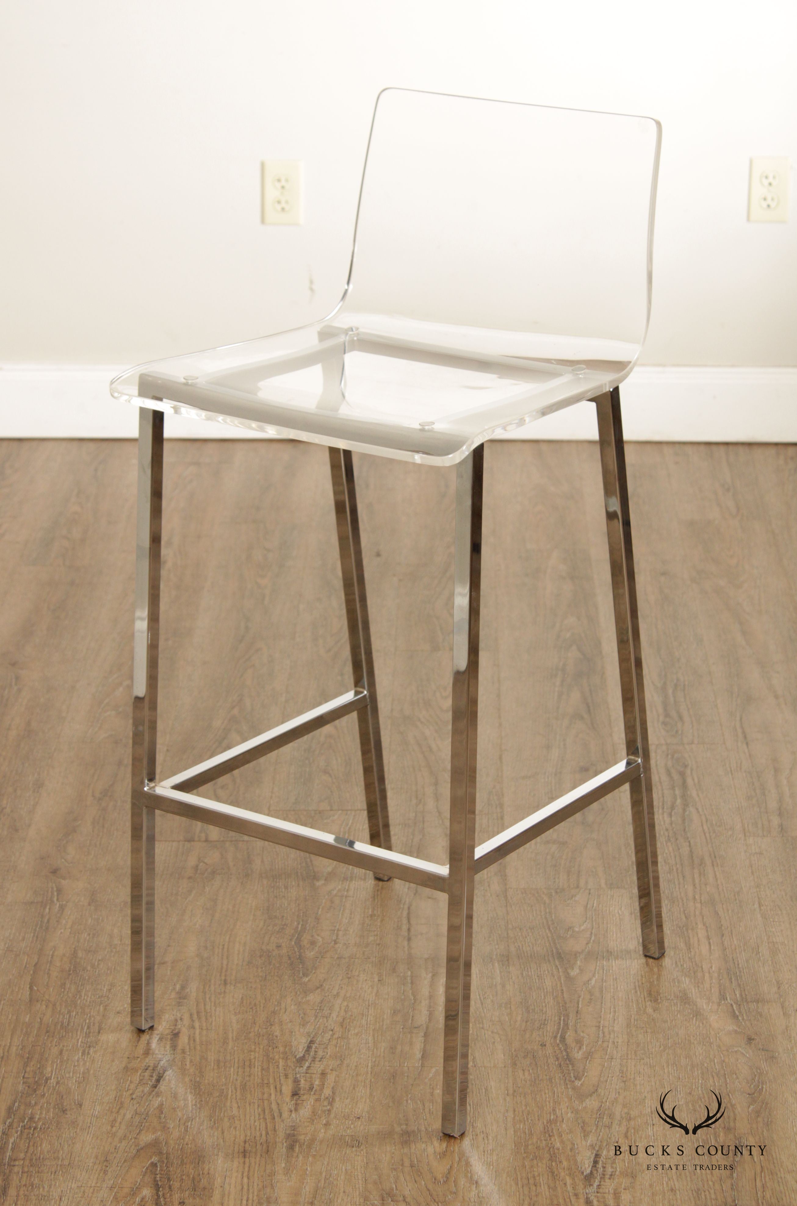 CB2 Post Modern Pair of Chrome and Acrylic 'Chiaro' Bar Stools