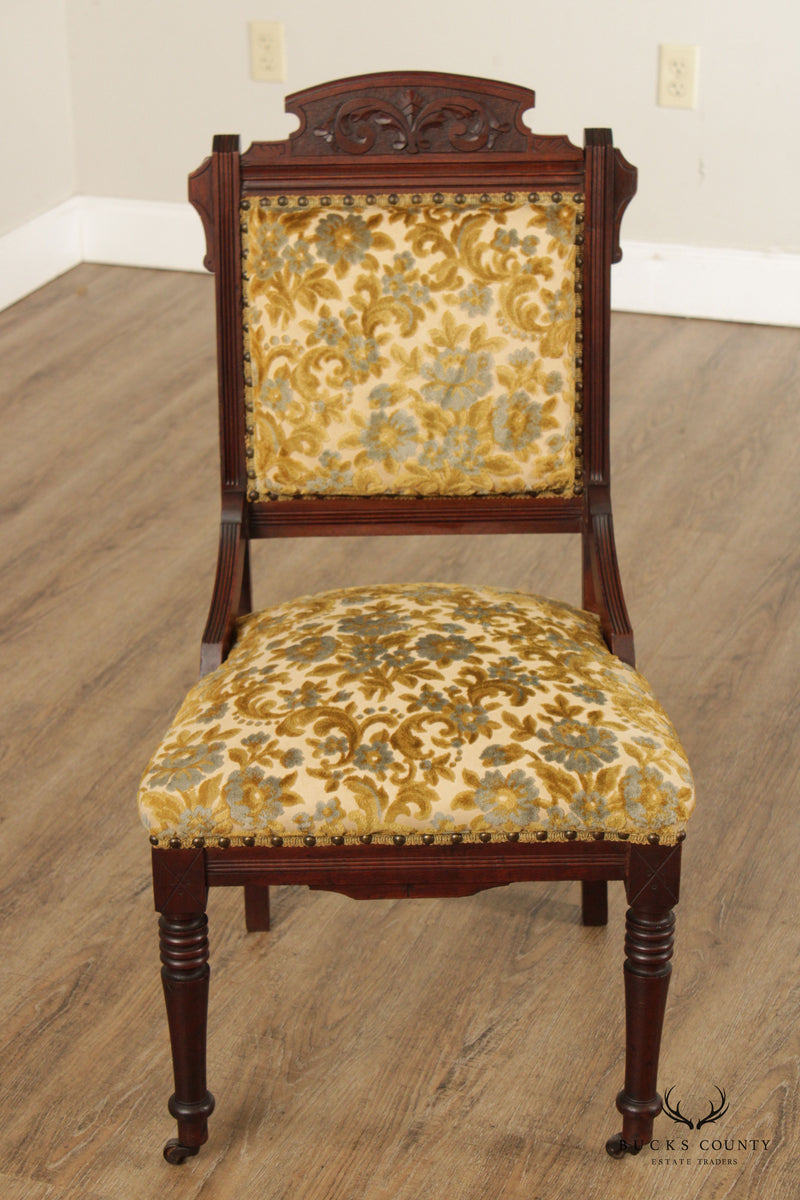 Antique Victorian Eastlake Carved Walnut Parlor Side Chair