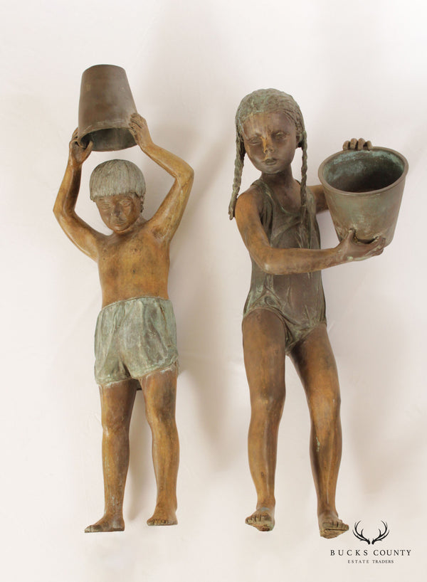 Pair of Life Size Bronze Boy & Girl Sculpture Garden Fountains