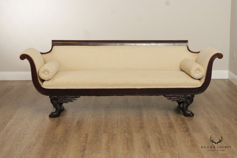 ANTIQUE AMERICAN CLASSICAL EMPIRE CARVED MAHOGANY CLAW FOOT SOFA